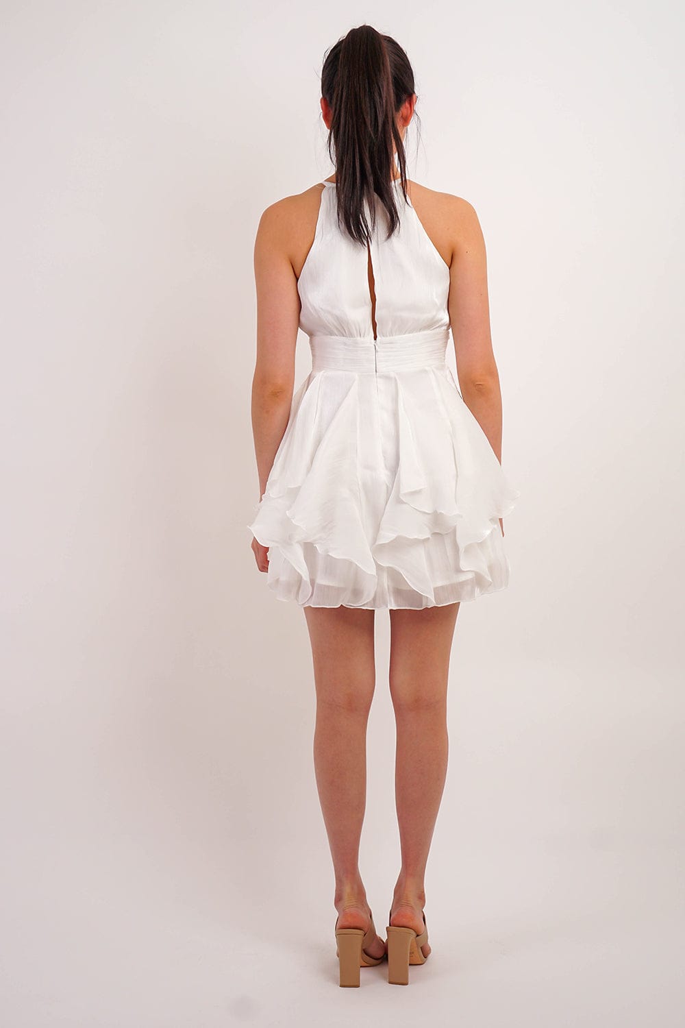 DCD DRESSES White Halter Neck Ruffles Skirt Mini Dress