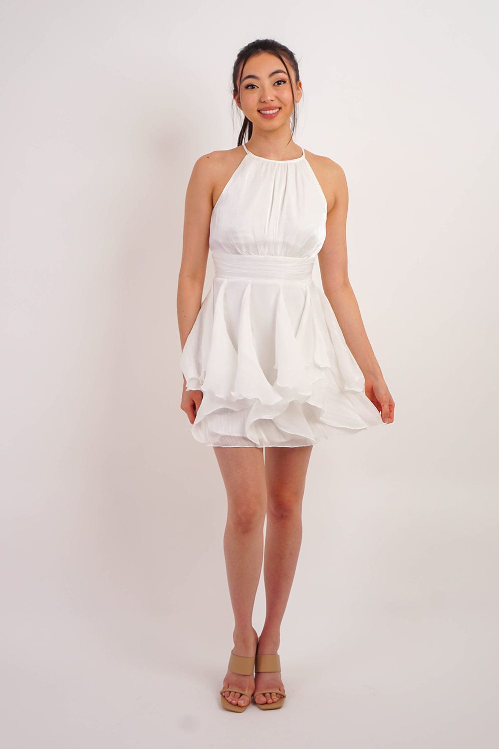 DCD DRESSES White Halter Neck Ruffles Skirt Mini Dress