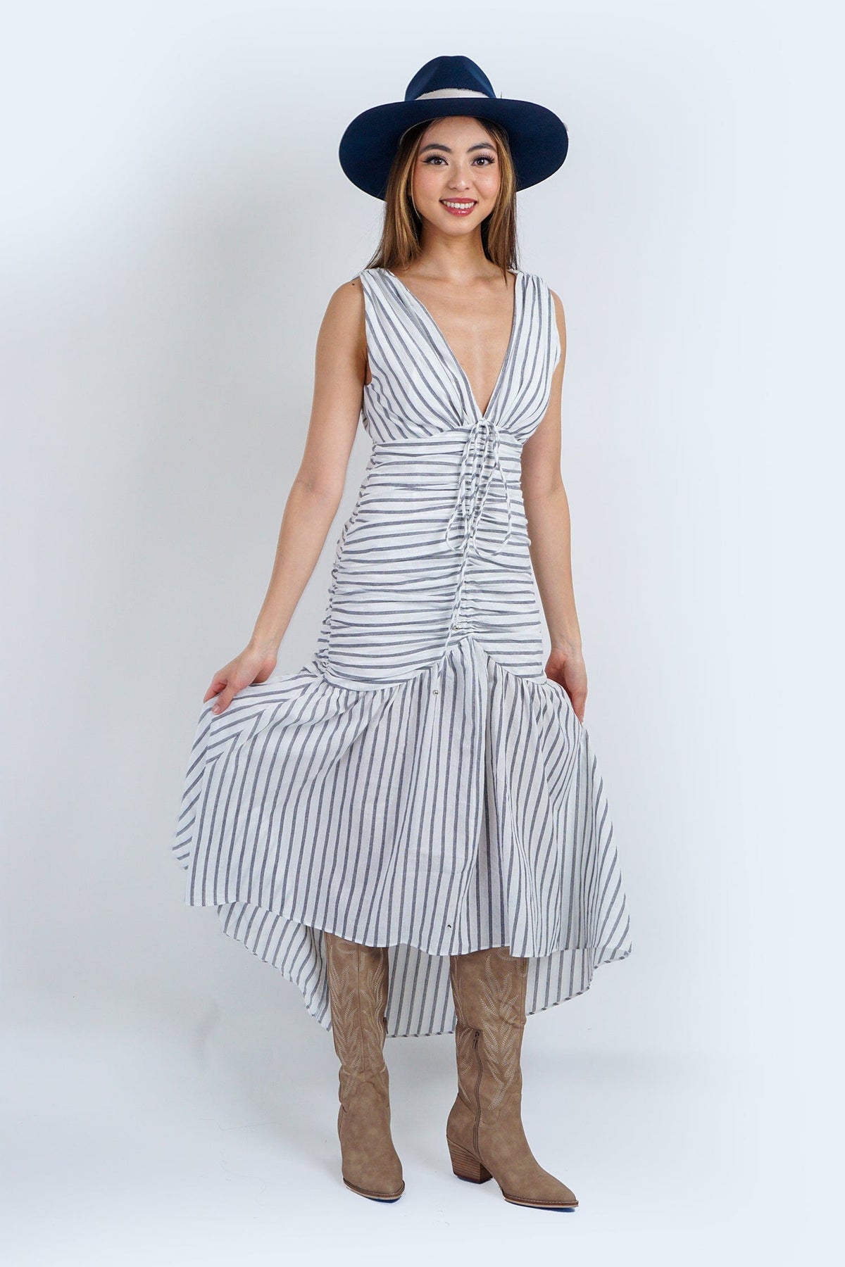 DCD DRESSES White/Navy Stripe Ruched Midi Dress
