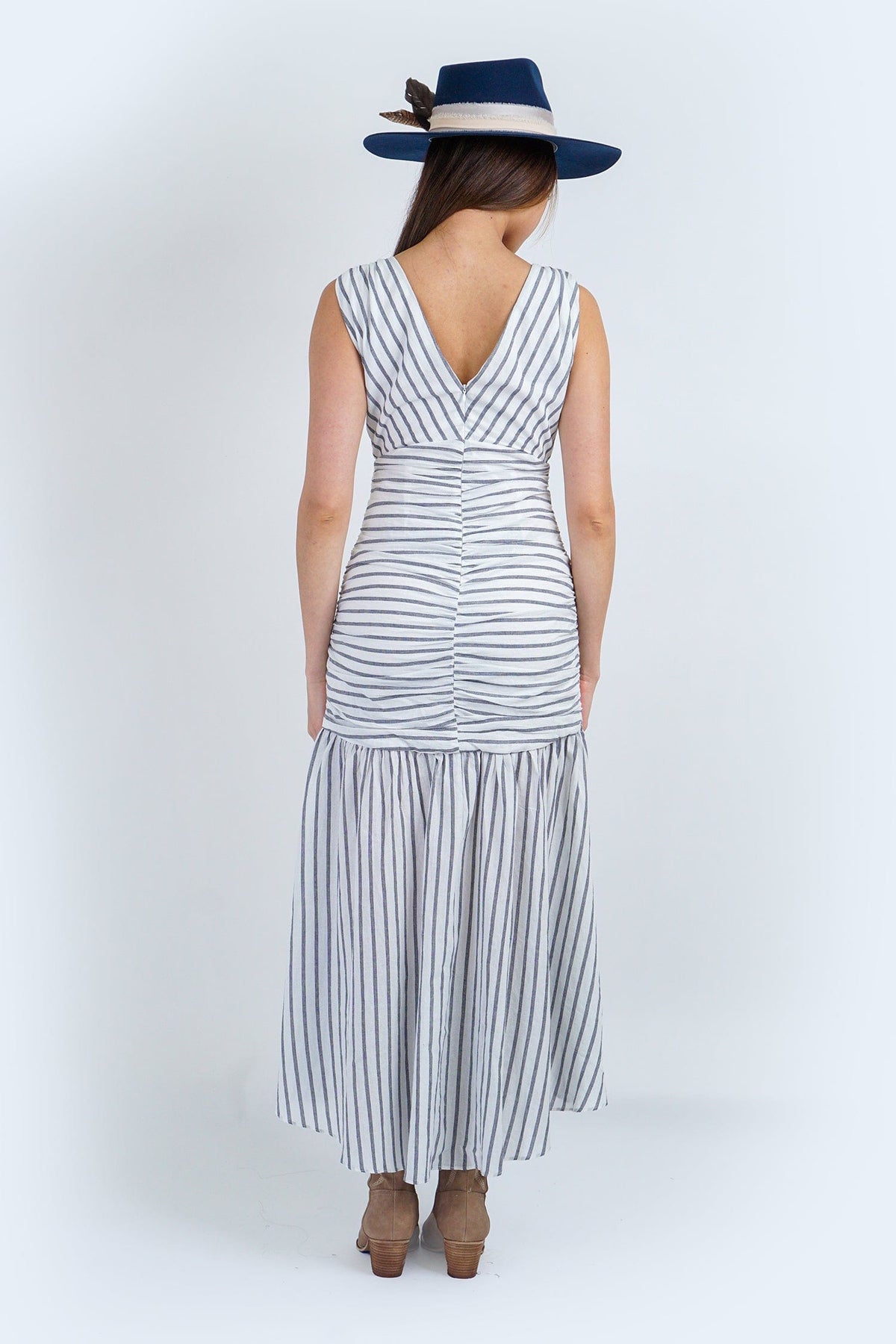 DCD DRESSES White/Navy Stripe Ruched Midi Dress