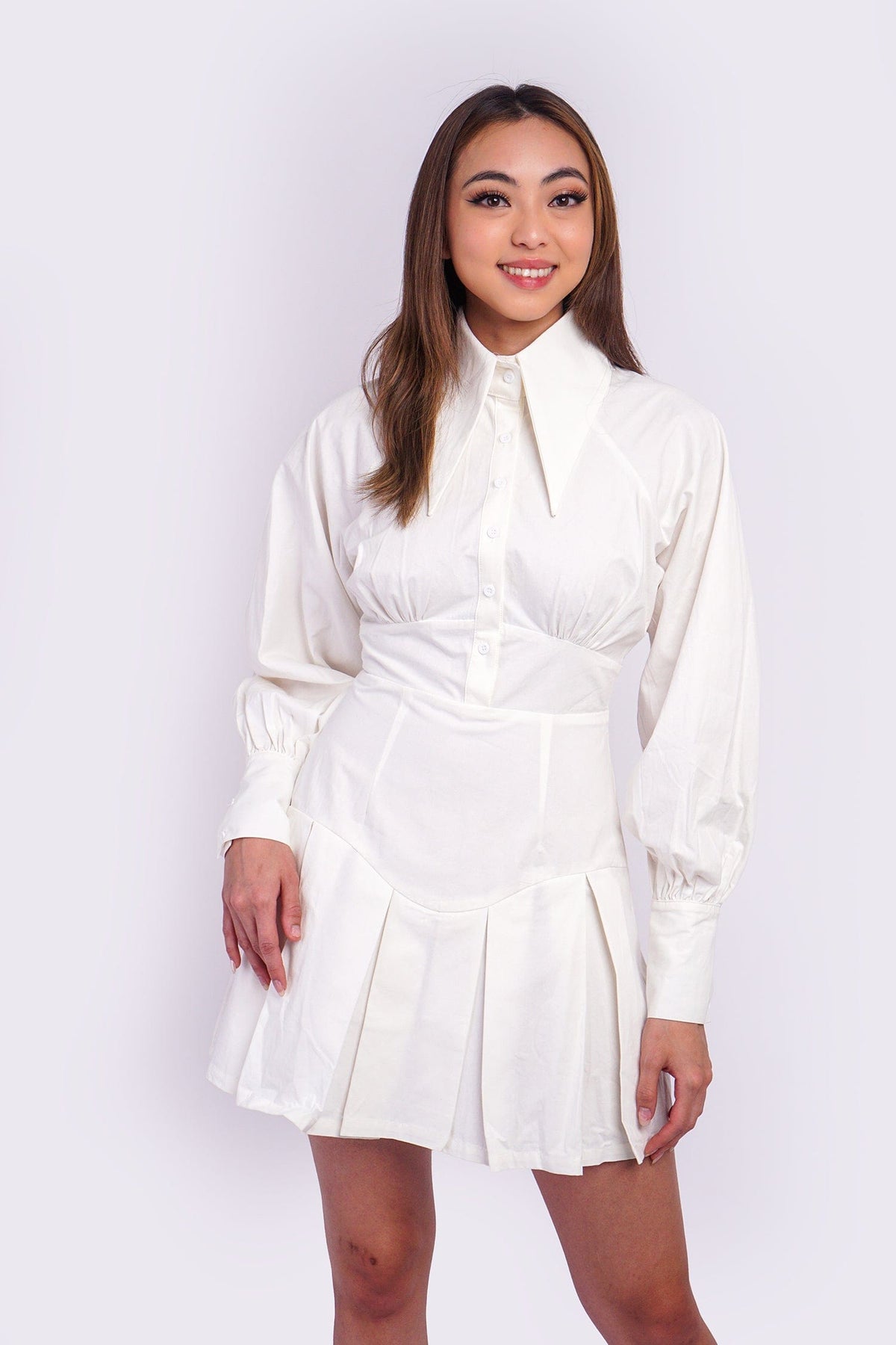 DCD DRESSES White Shirt Yoke Pleat Dress
