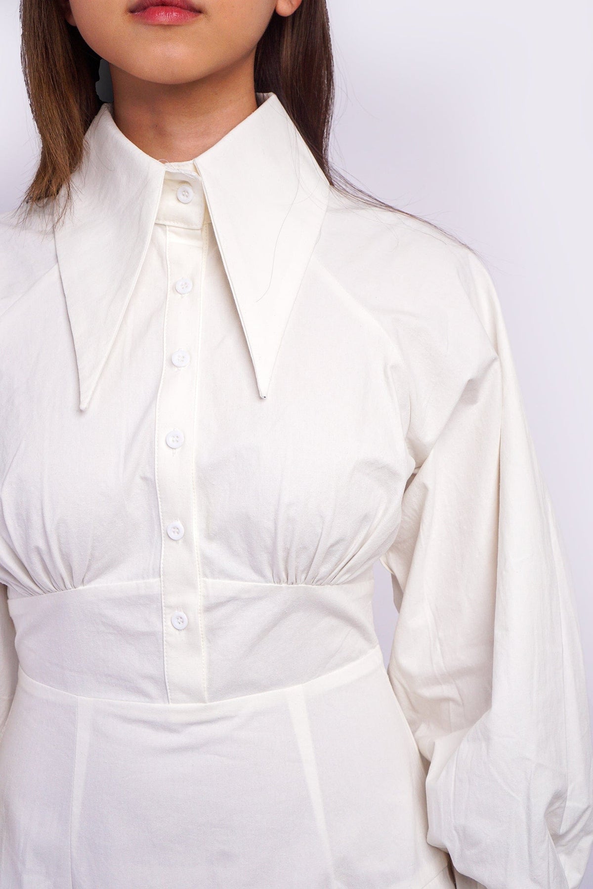 DCD DRESSES White Shirt Yoke Pleat Dress