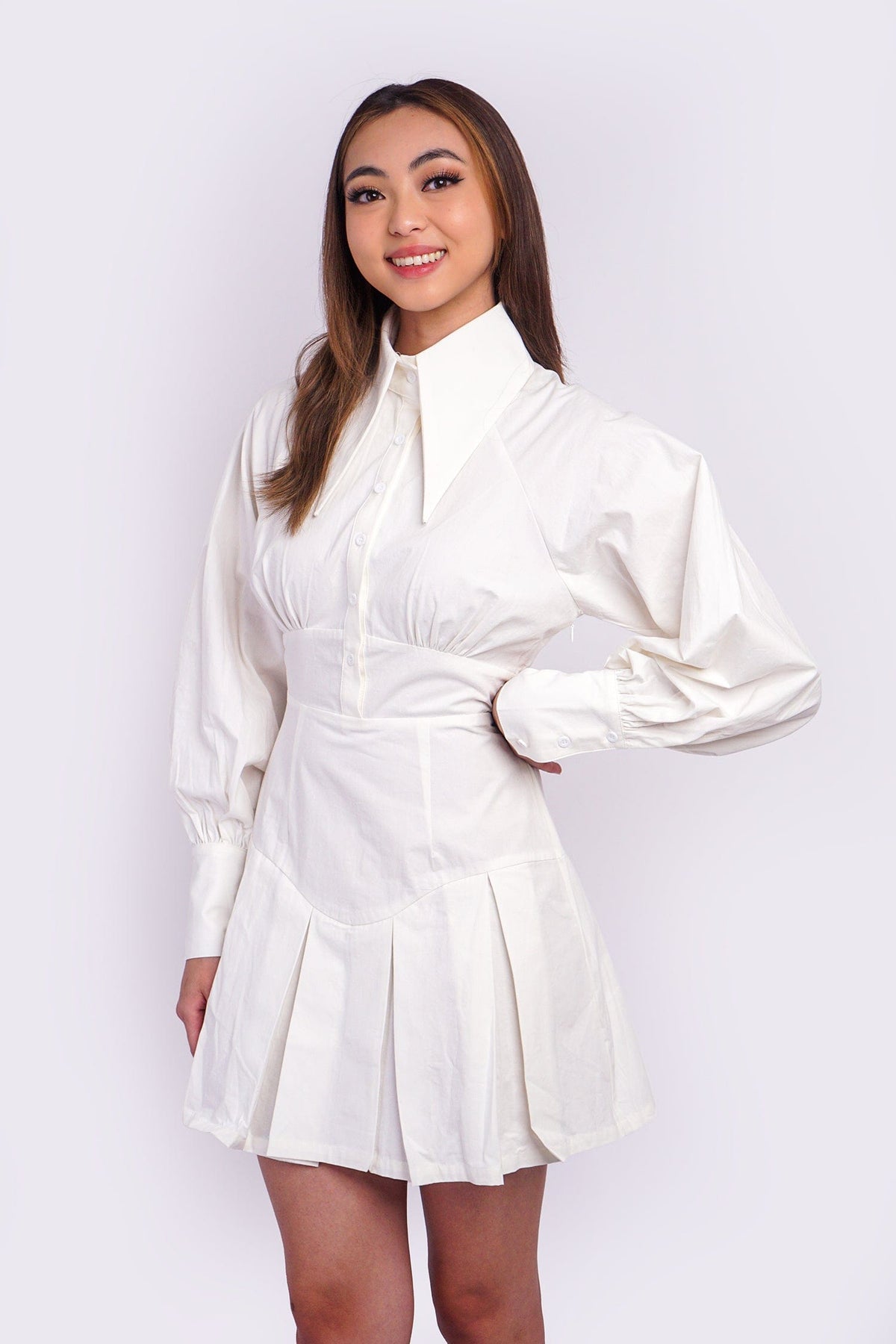 DCD DRESSES White Shirt Yoke Pleat Dress