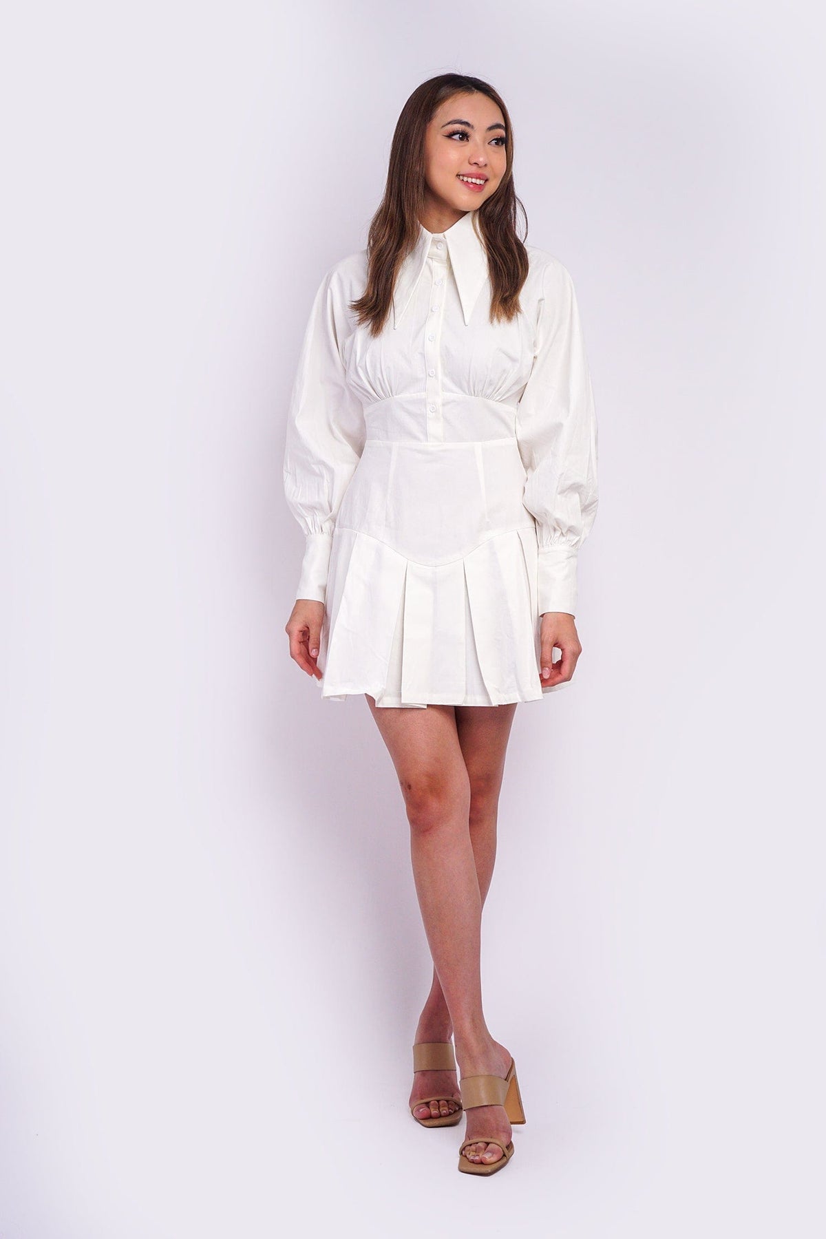 DCD DRESSES White Shirt Yoke Pleat Dress