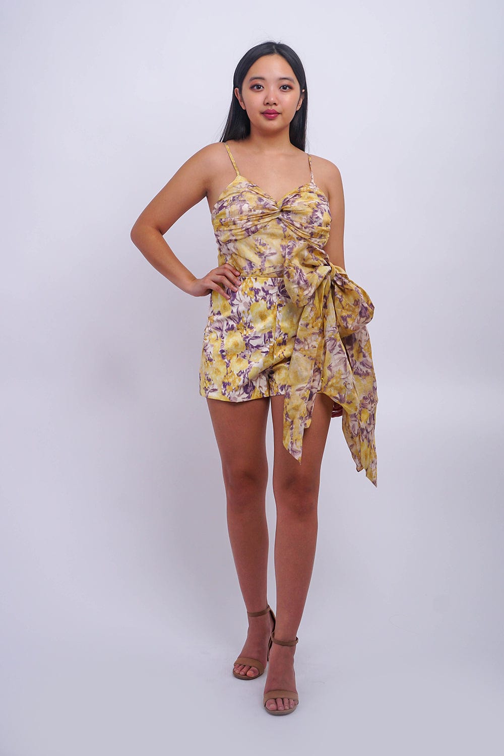 DCD DRESSES Yellow High Tide Spaghetti Strap Wrap Playsuit