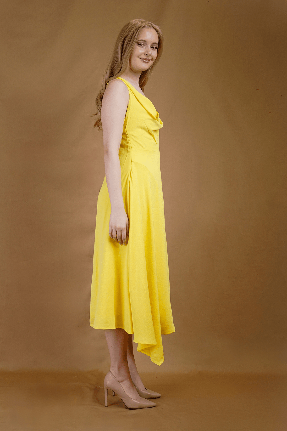 Chloe Dao Boutique DRESSES Yellow Unbalanced Cowl Neck Sleeveless Midi Dress