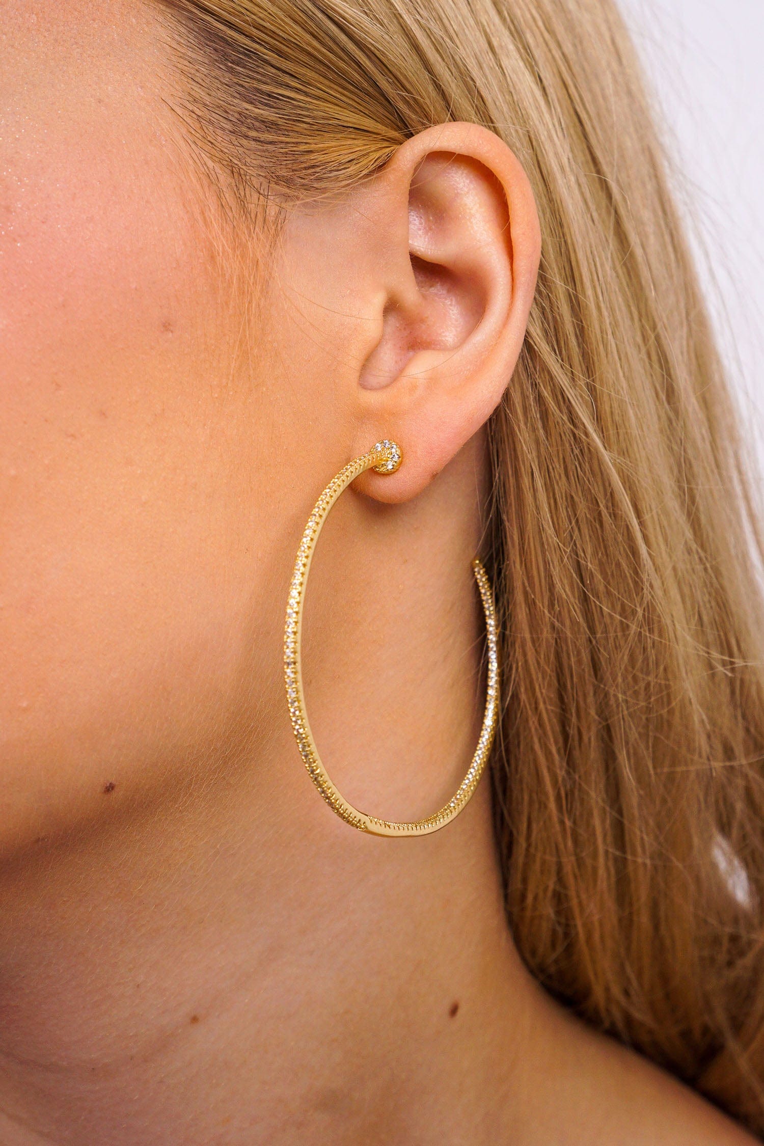 DCD EARRINGS 1 Gold Plated Large CZ Hoops With CZ Outside Front/Inside Back