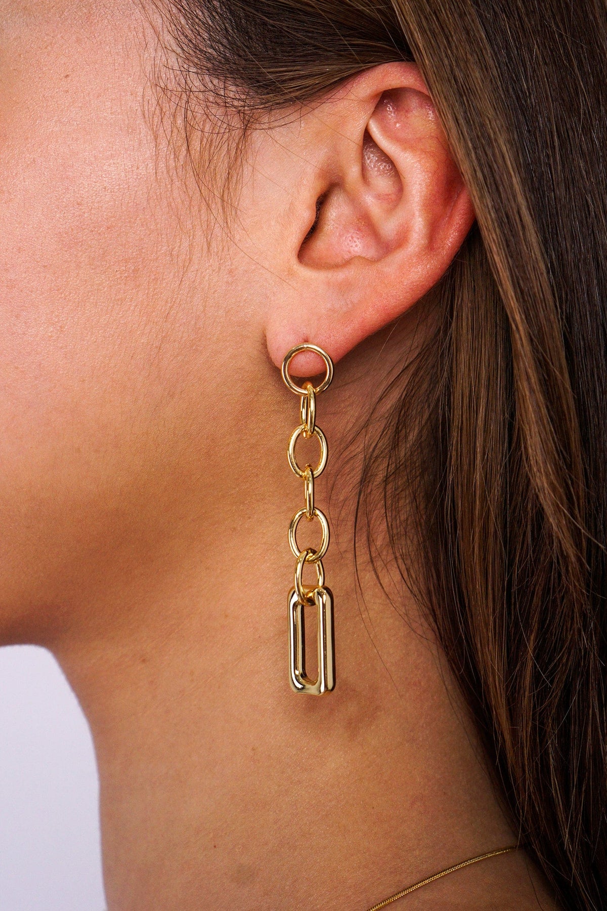 DCD EARRINGS 1 Gold Plated Over Brass Dangling Oval Chain With Rectangle Link Earrings