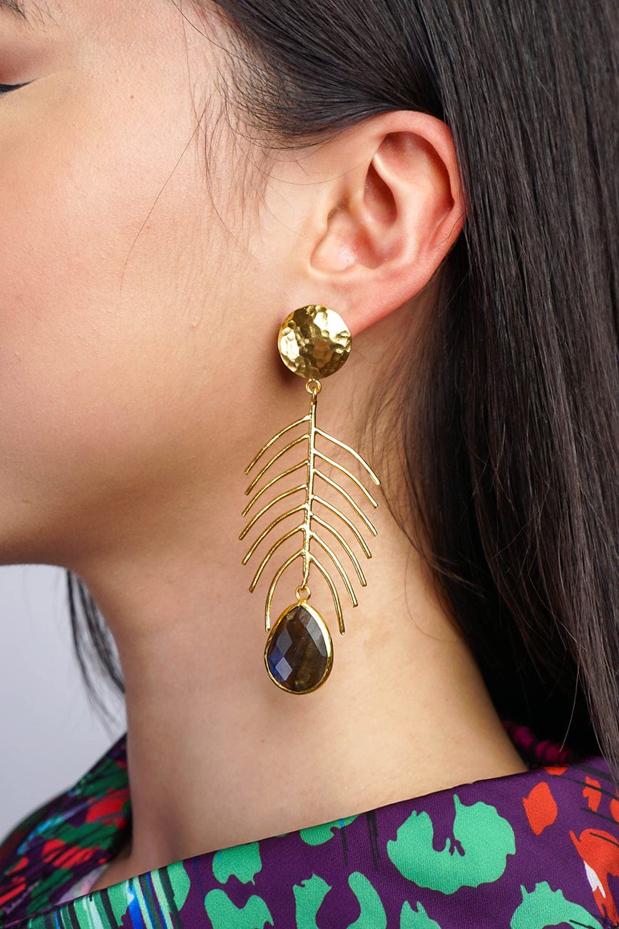 DCD EARRINGS Feather Brass Gold-plated With Labradorite Earrings
