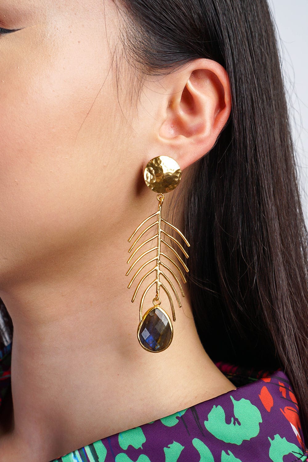 DCD EARRINGS Feather Brass Gold-plated With Labradorite Earrings