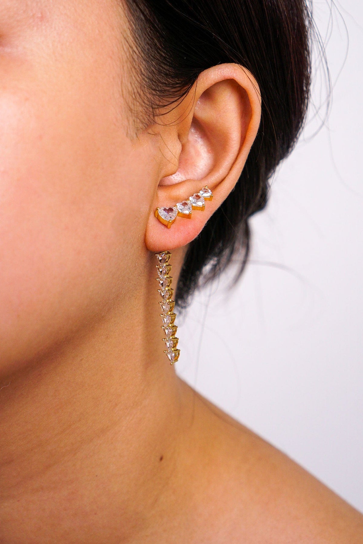 DCD EARRINGS Gold and Diamond Crystal Heart Tassel Earrings