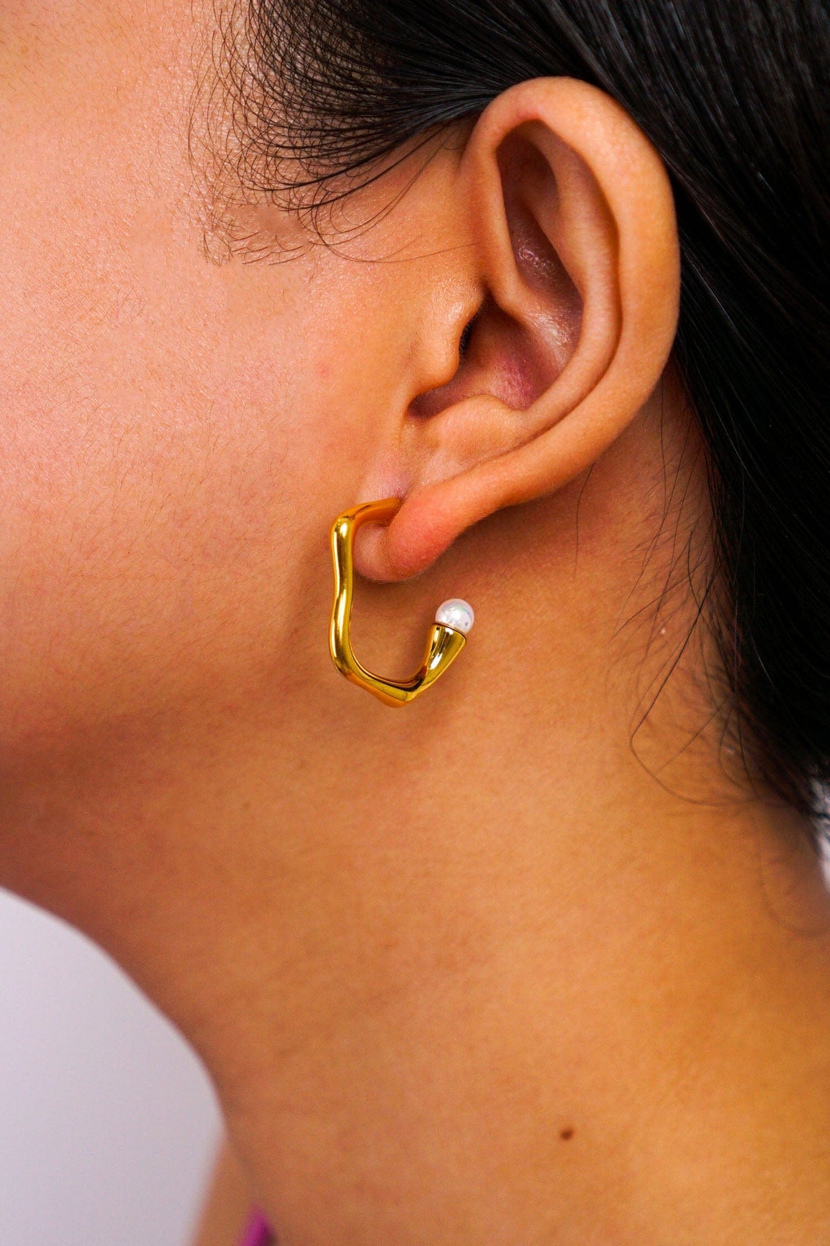 DCD EARRINGS Gold and Pearl Irregular Hoop Earrings