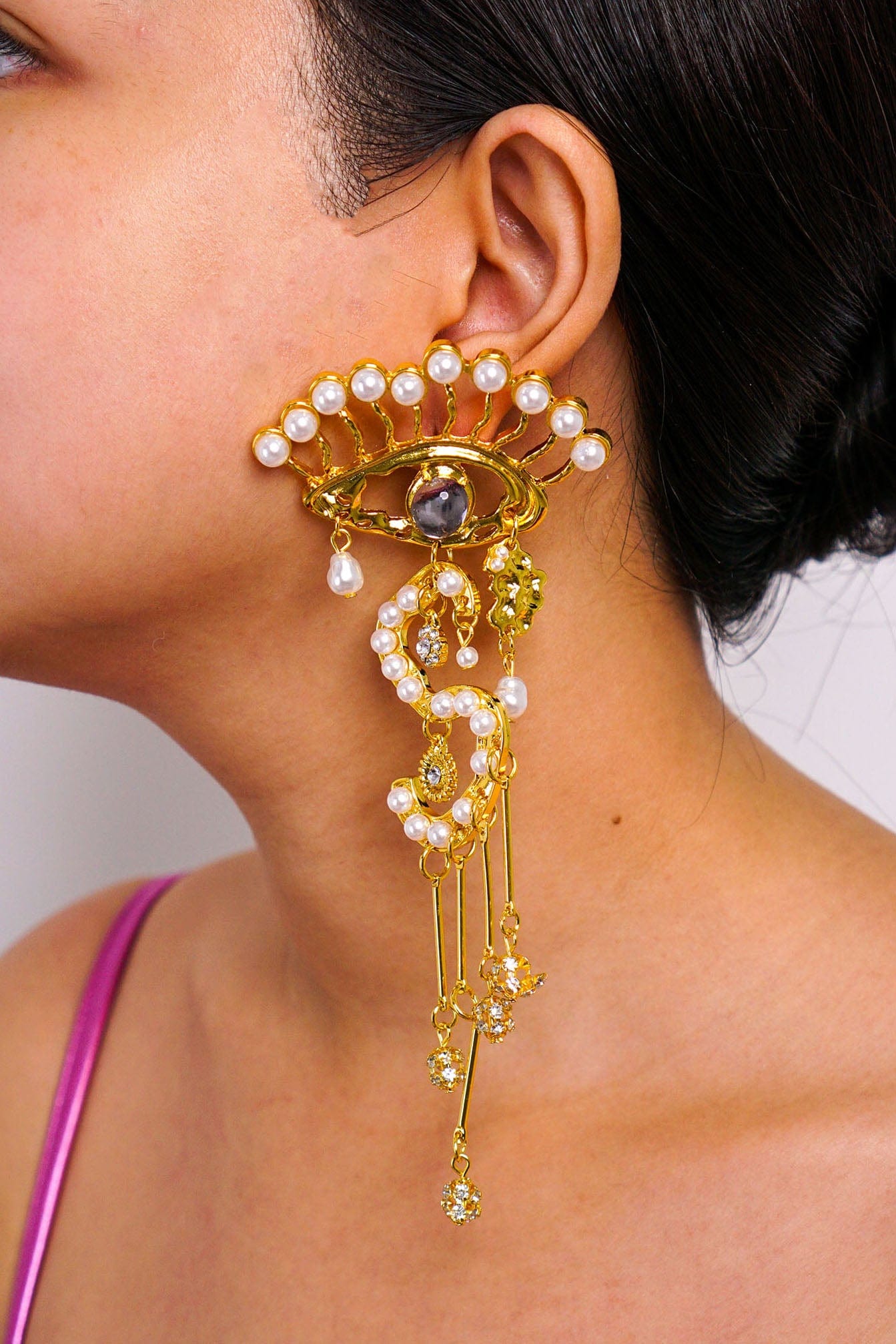 DCD EARRINGS Gold and Pearls Eye Tassel Earrings
