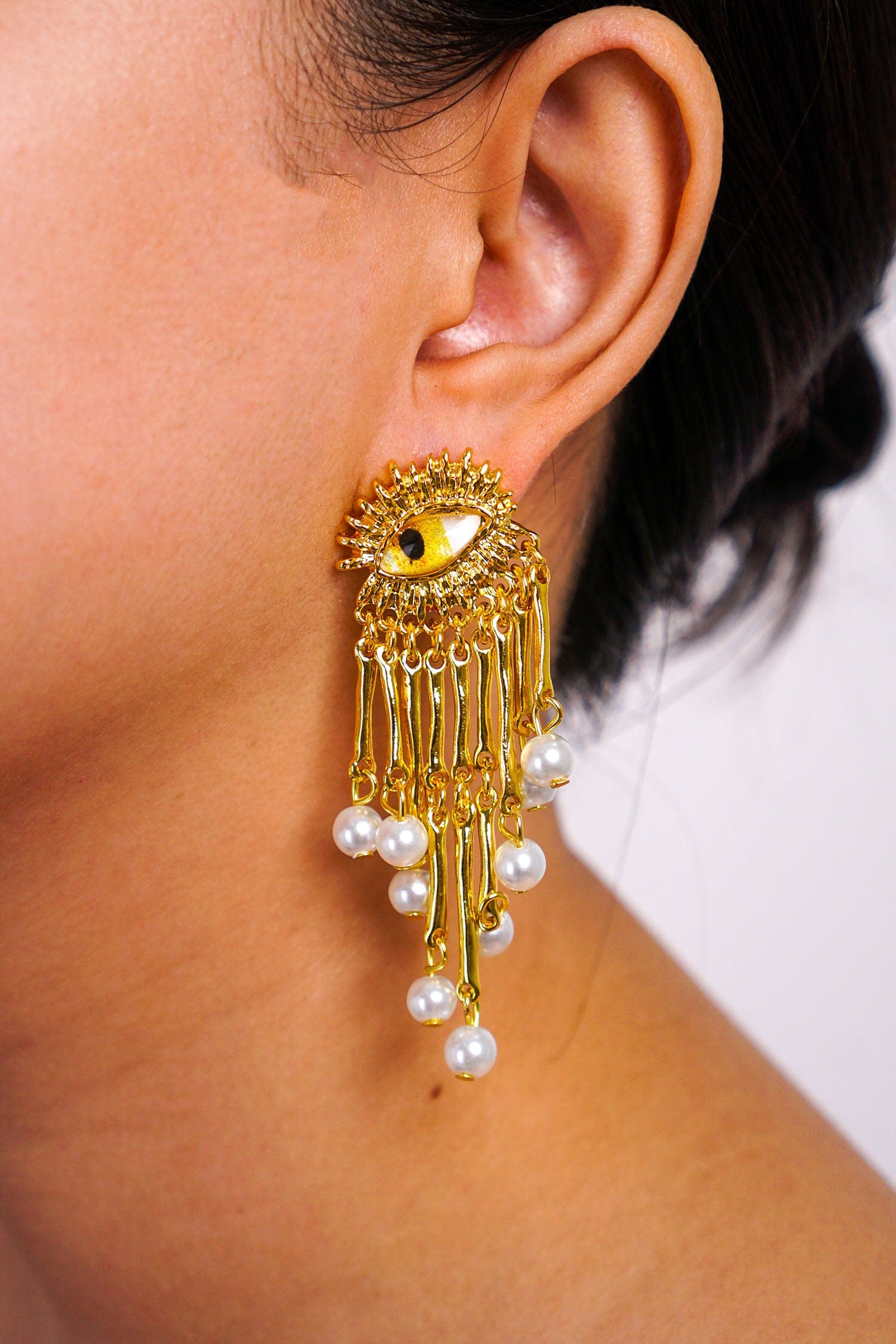 DCD EARRINGS Gold Pearl Tassel Eye Drop Earrings