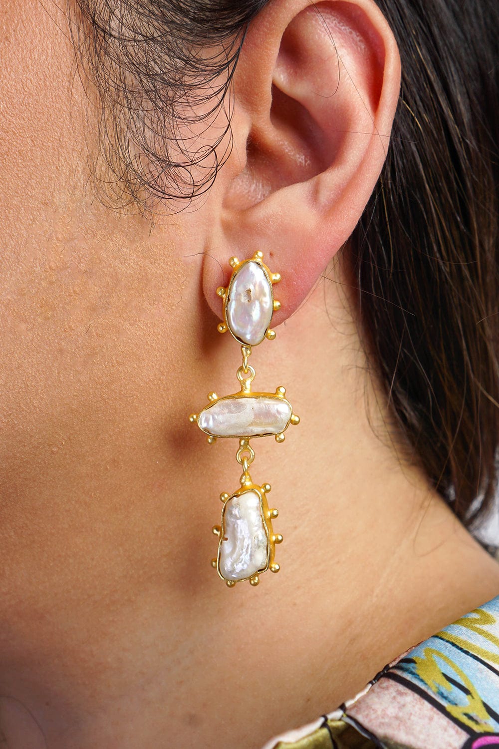 DCD EARRINGS Nobble Natural Freshwater Baroque Pearl 3 Tier Earrings