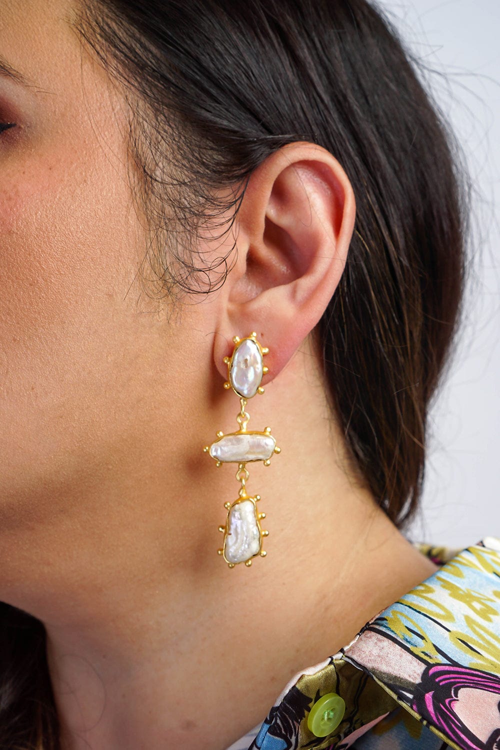 DCD EARRINGS Nobble Natural Freshwater Baroque Pearl 3 Tier Earrings