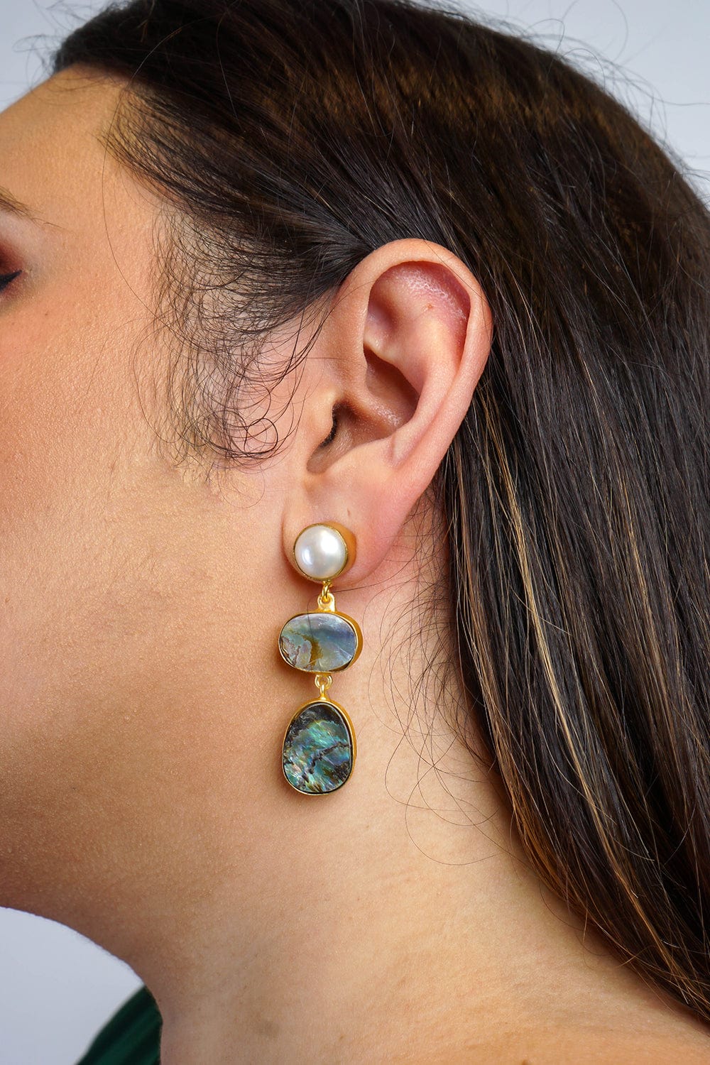 DCD EARRINGS Pearl Stud Australian Abalone Shell 3 Tier Earrings