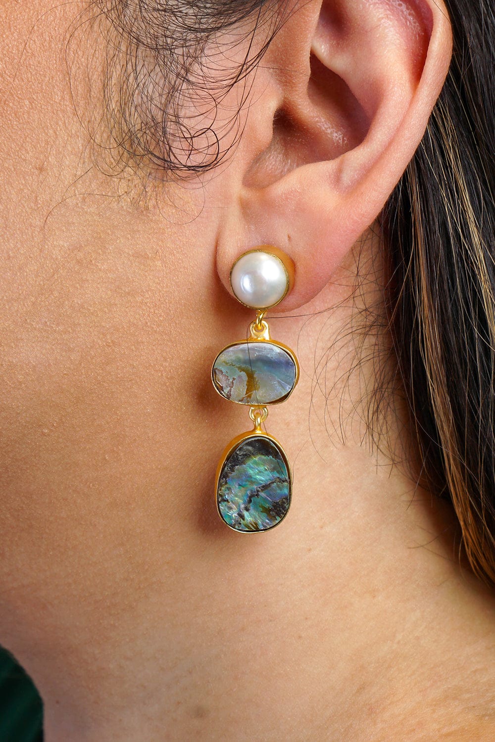 DCD EARRINGS Pearl Stud Australian Abalone Shell 3 Tier Earrings