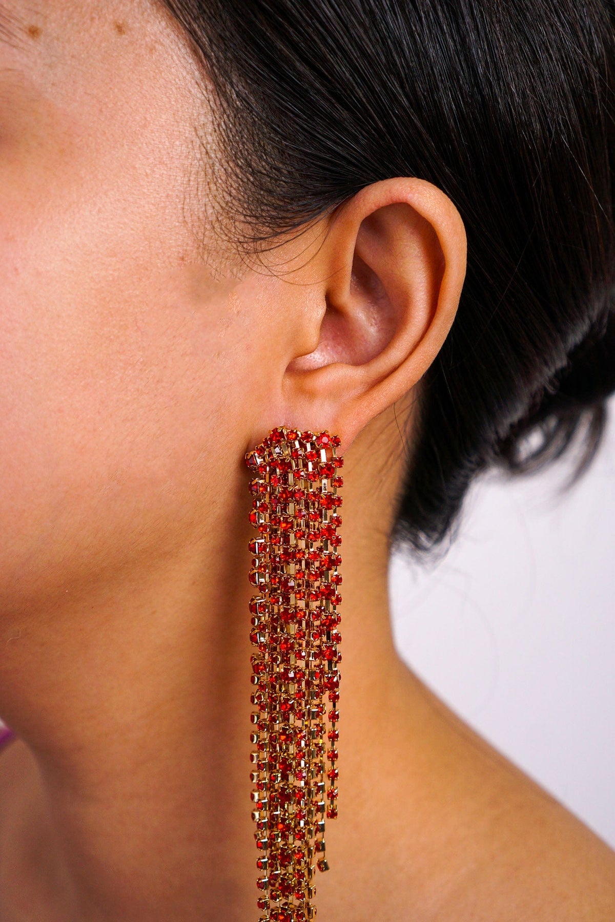 DCD EARRINGS Red Diamond Crystal Geometric Tassel Earrings