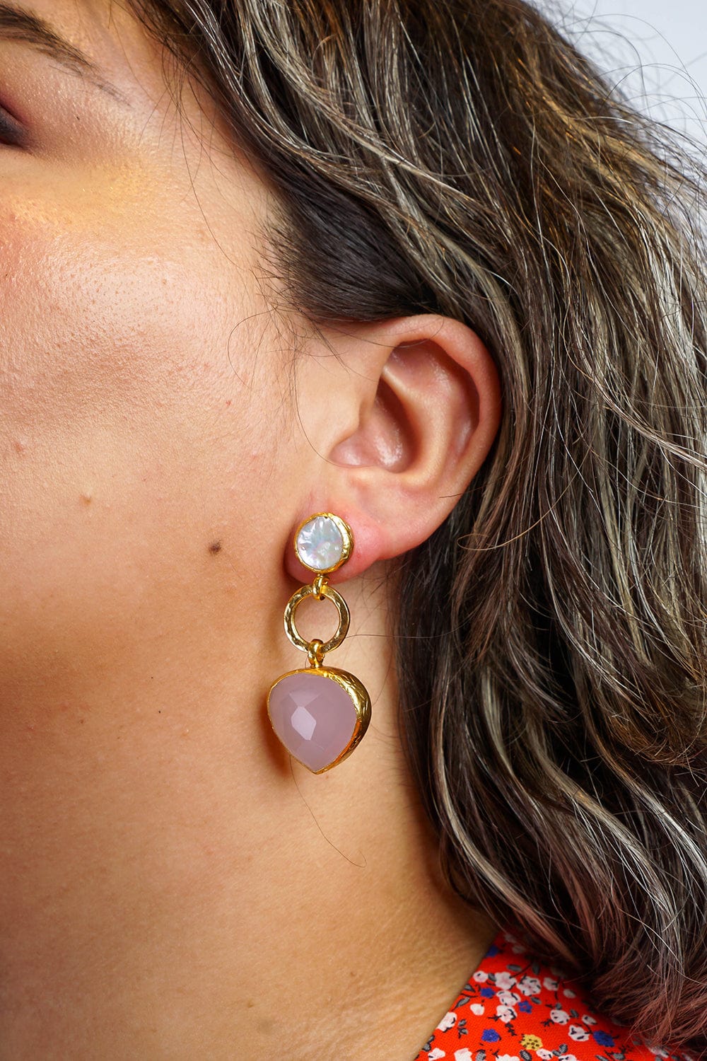 DCD EARRINGS Rose Quartz Brass Dangle Earrings