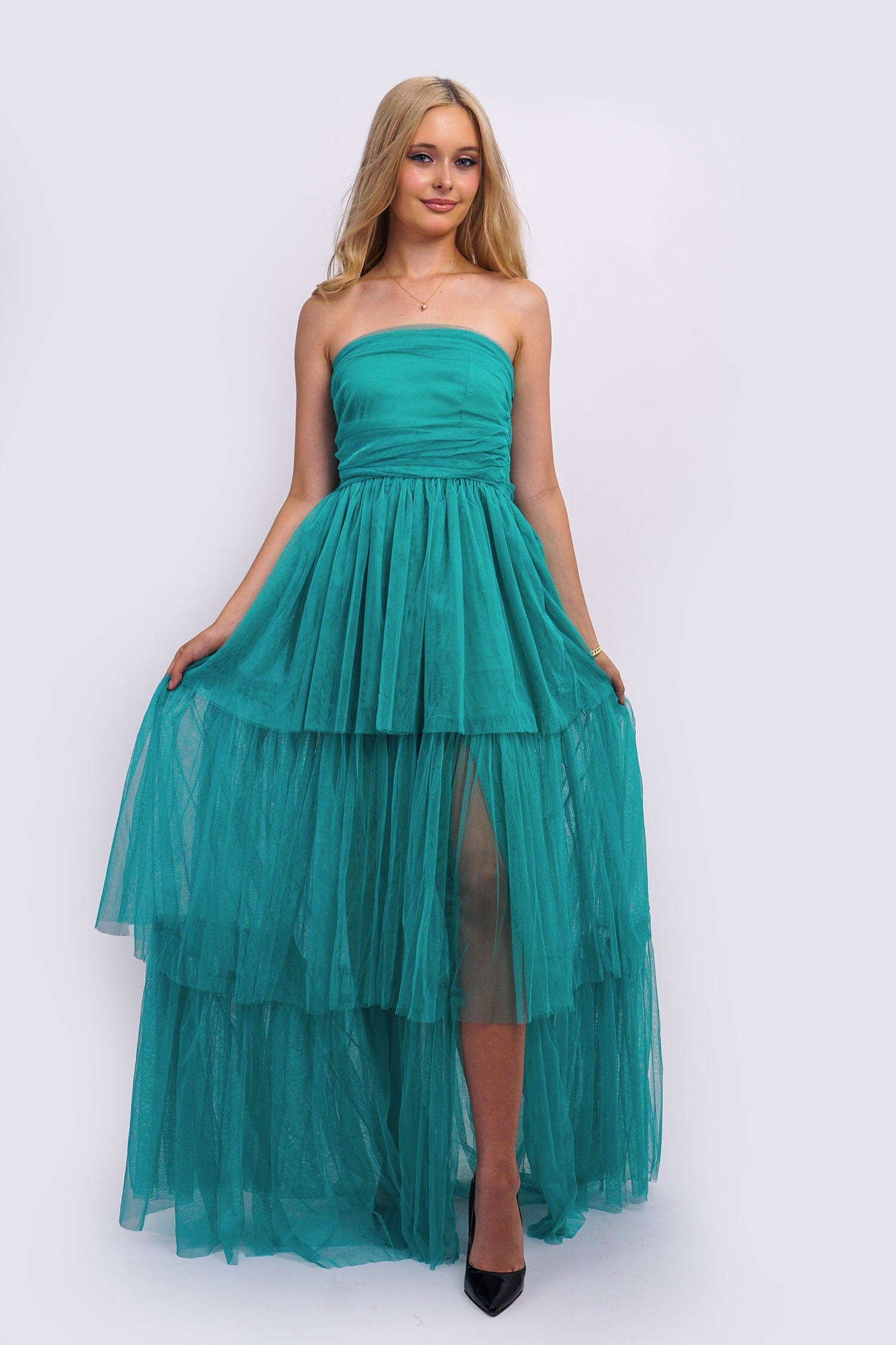 DCD GOWNS Aqua Strapless Tulle Tiers Gown