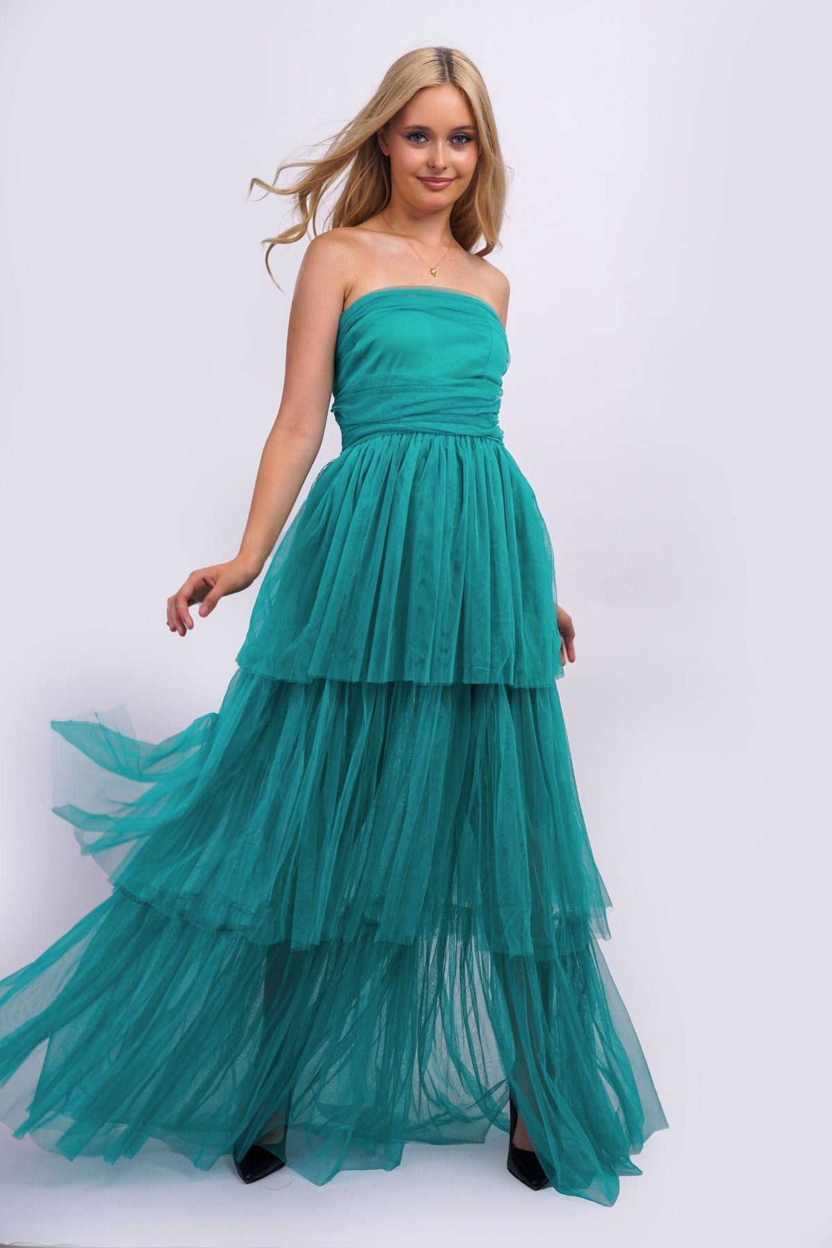 DCD GOWNS Aqua Strapless Tulle Tiers Gown