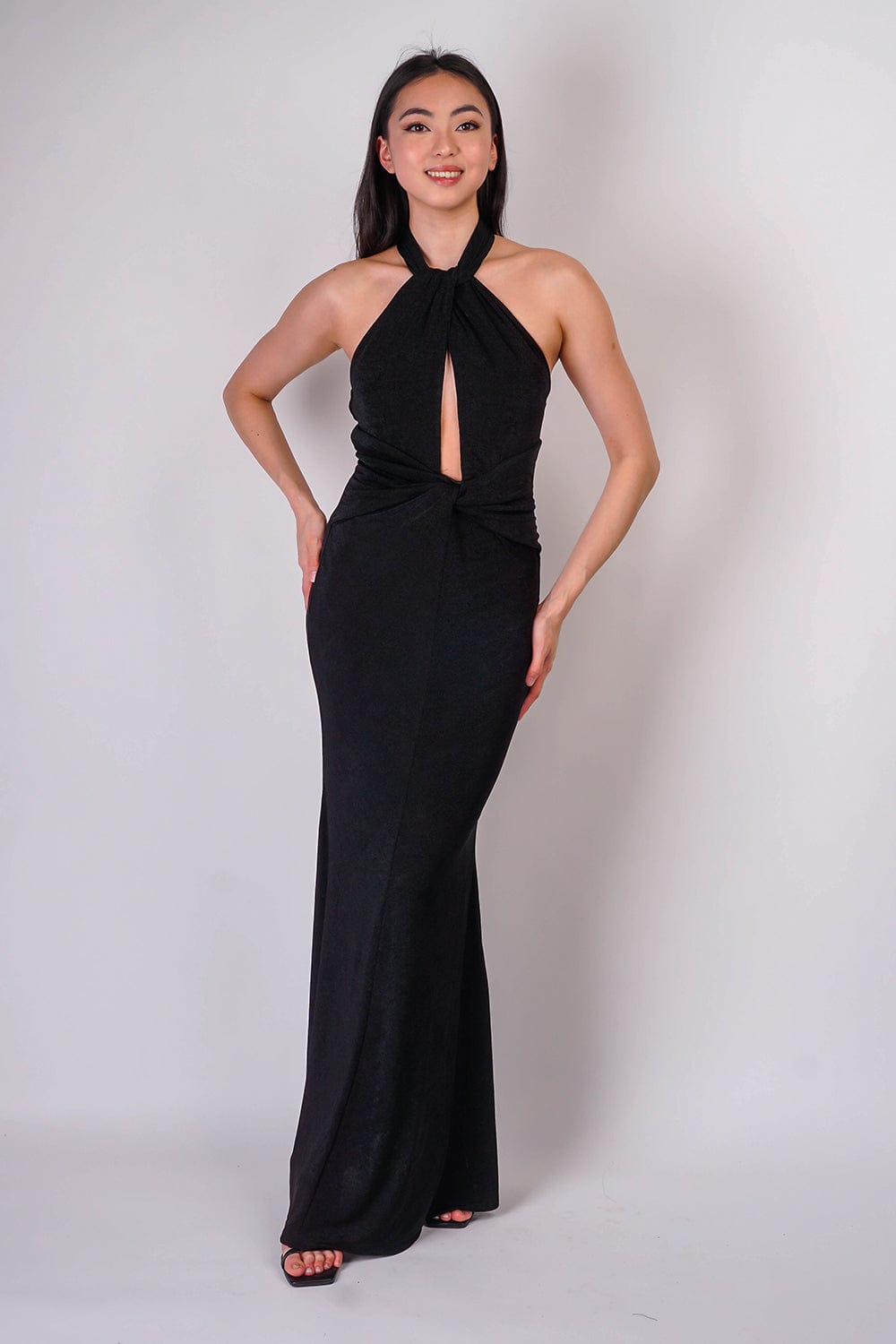 DCD Gowns Black Halter Open Front Jersey Gown