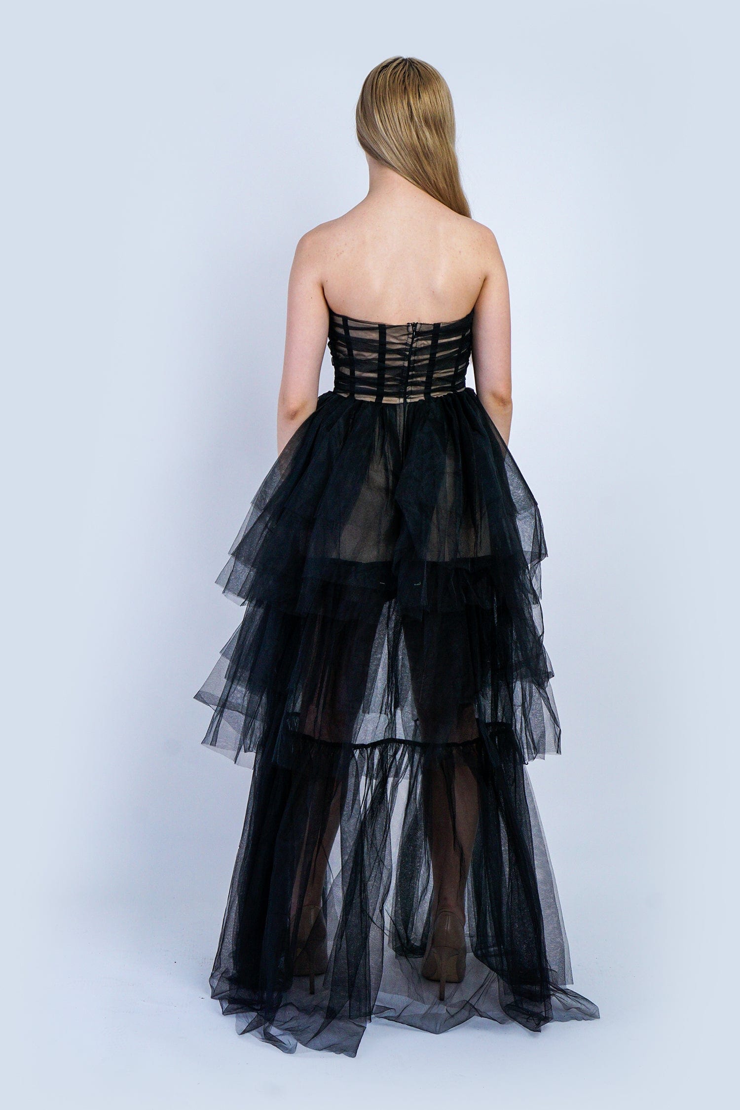 DCD GOWNS Black Nude Corset Sweetheart Tiered Gown