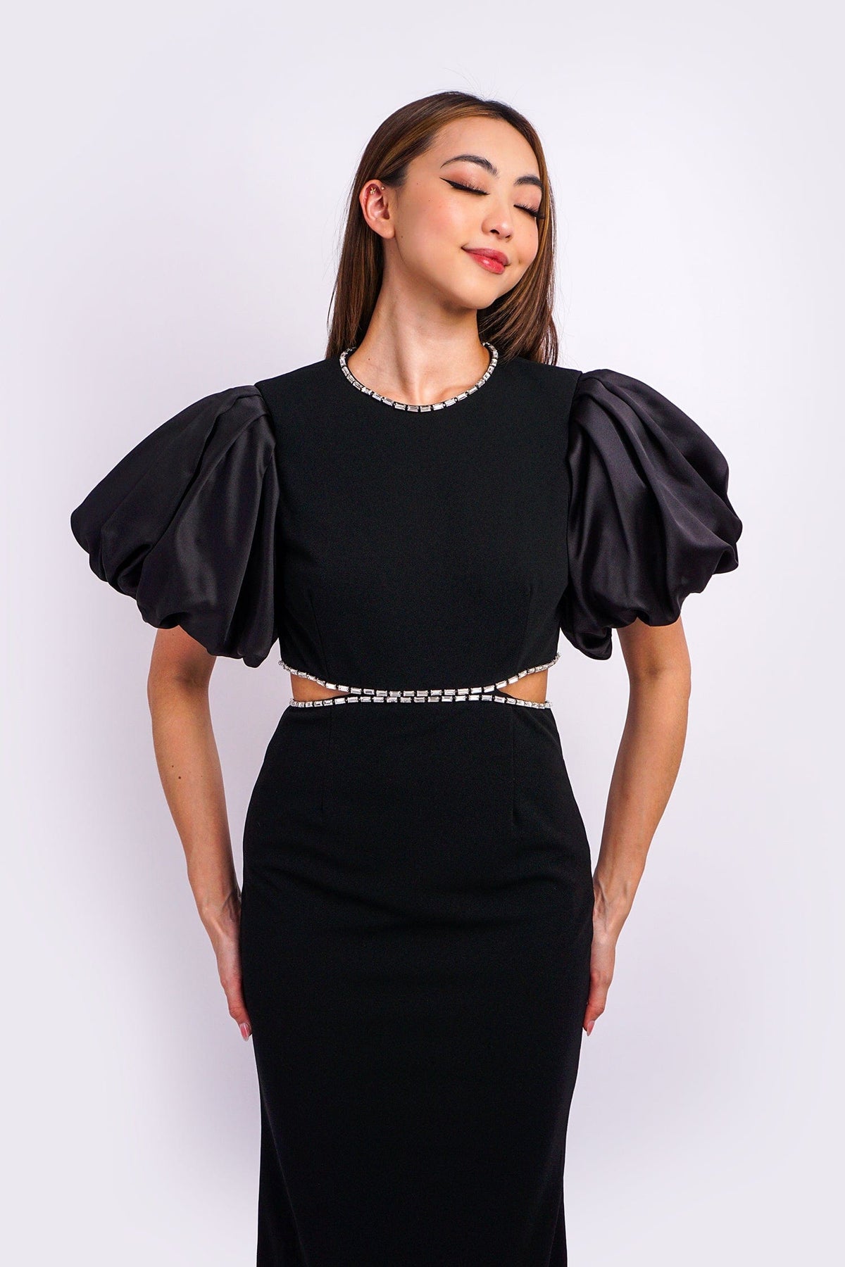 DCD Gowns Black Puff Sleeves Rhinestone Side Cutout Gown