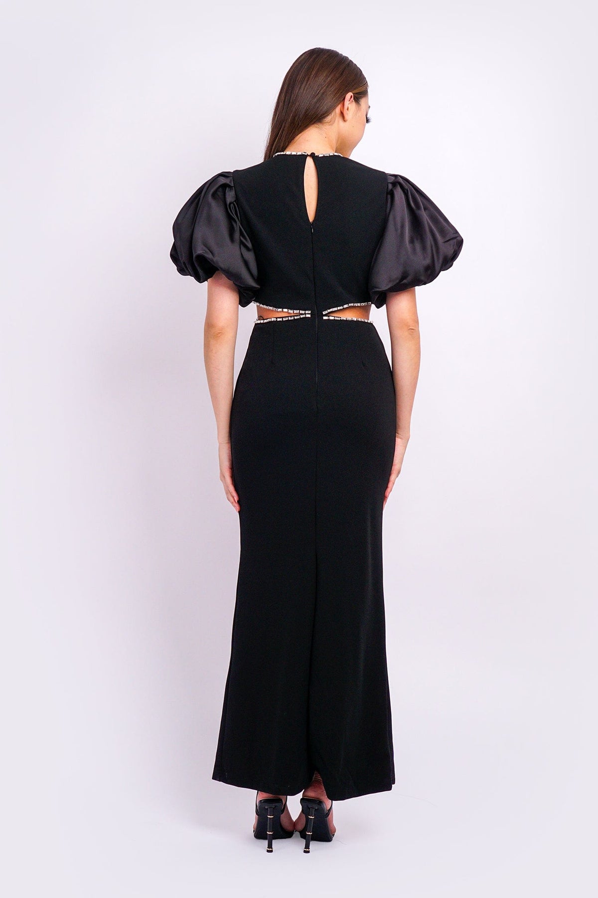 DCD Gowns Black Puff Sleeves Rhinestone Side Cutout Gown
