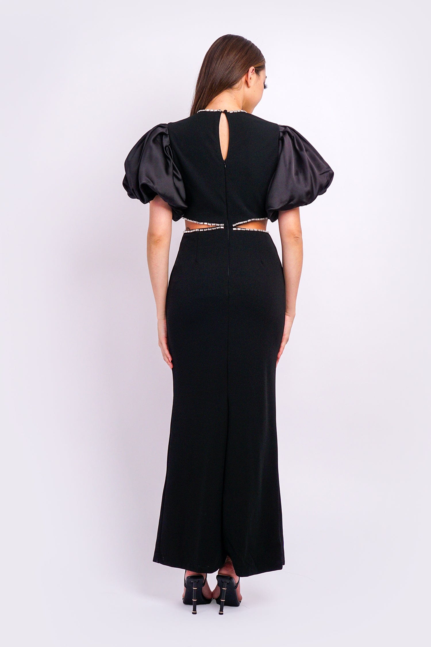 DCD Gowns Black Puff Slv Rhinestone Side Cutout Gown