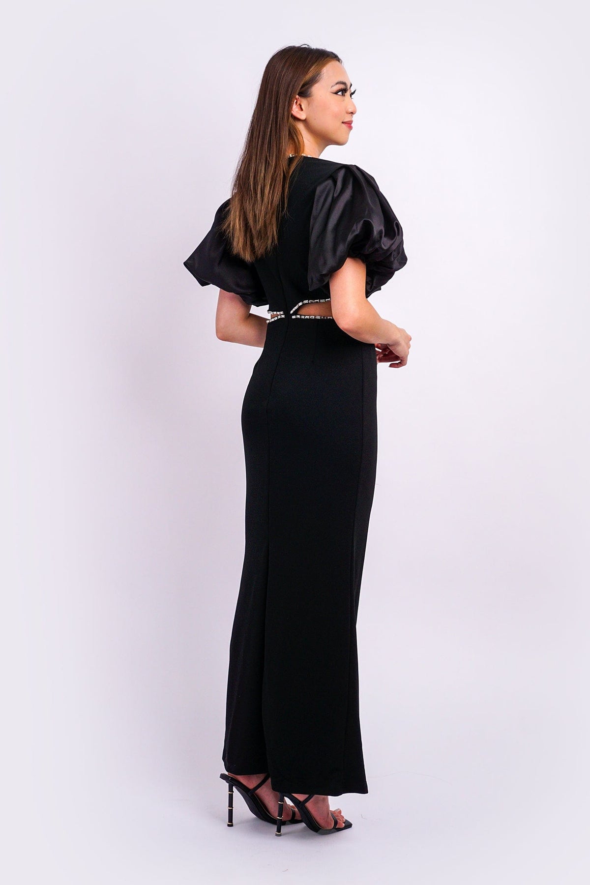 DCD Gowns Black Puff Sleeves Rhinestone Side Cutout Gown