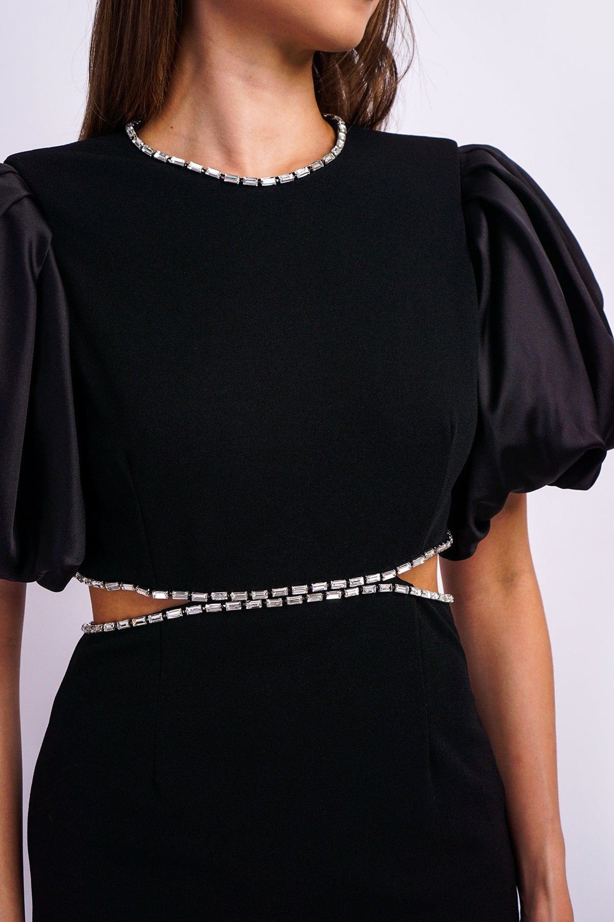 DCD Gowns Black Puff Sleeves Rhinestone Side Cutout Gown