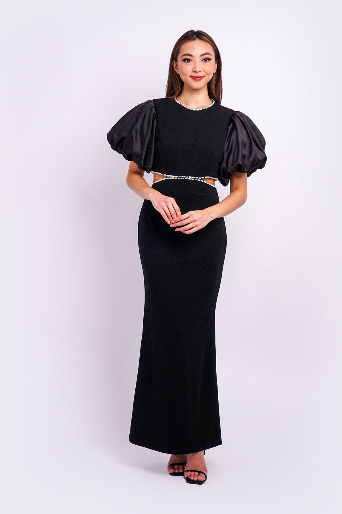 DCD Gowns Black Puff Sleeves Rhinestone Side Cutout Gown