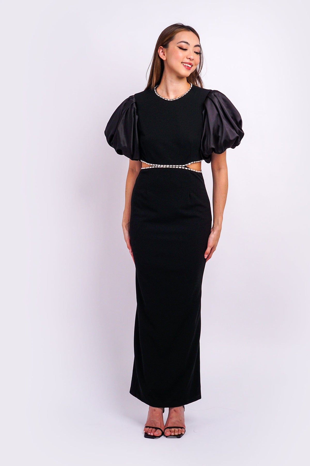 DCD Gowns Black Puff Slv Rhinestone Side Cutout Gown