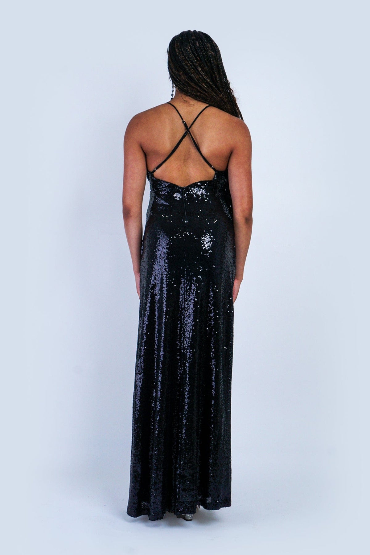 DCD GOWNS Black Sequin V   Two Slit Gown