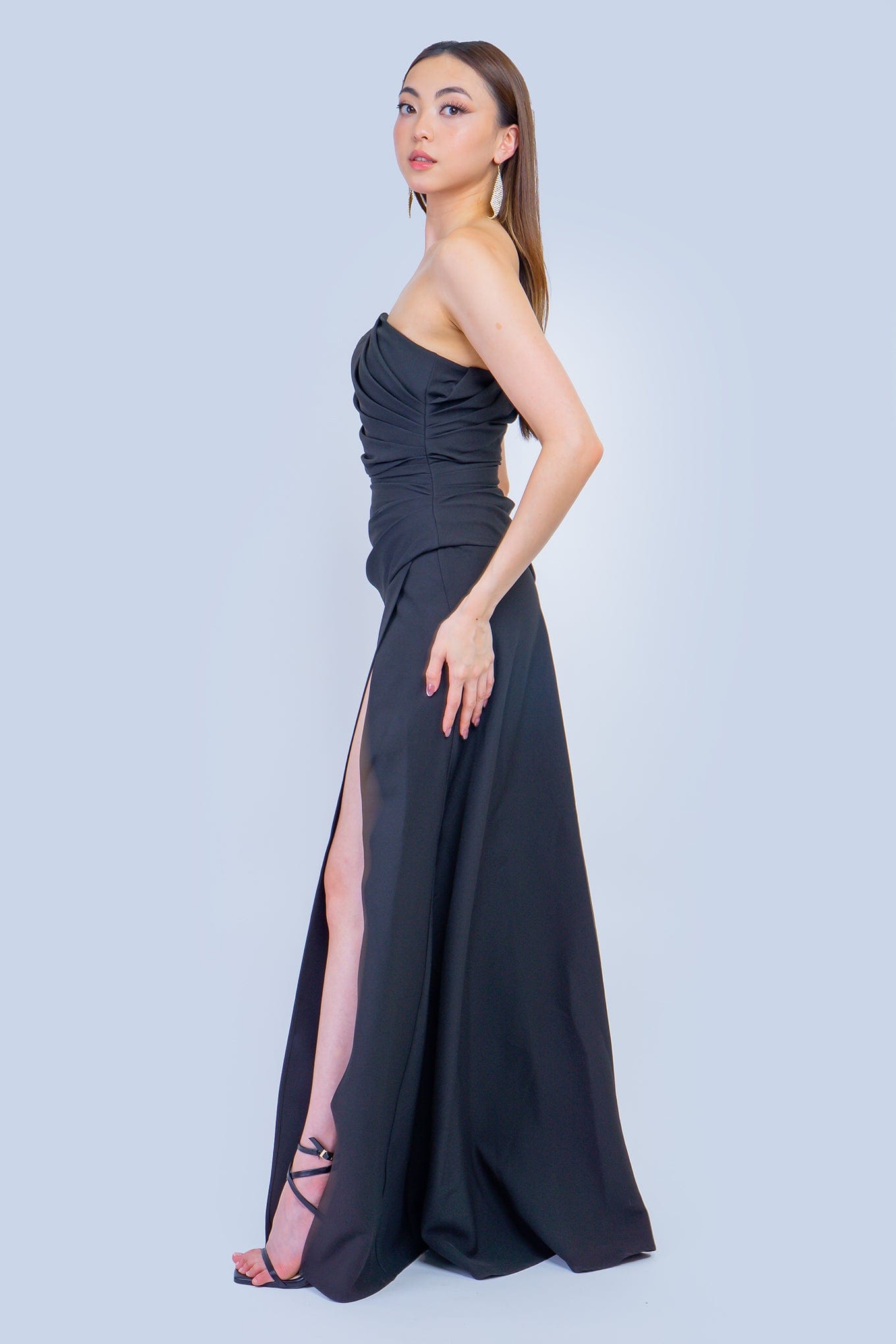 DCD GOWNS Black Strapless Classic Side Drape Gown