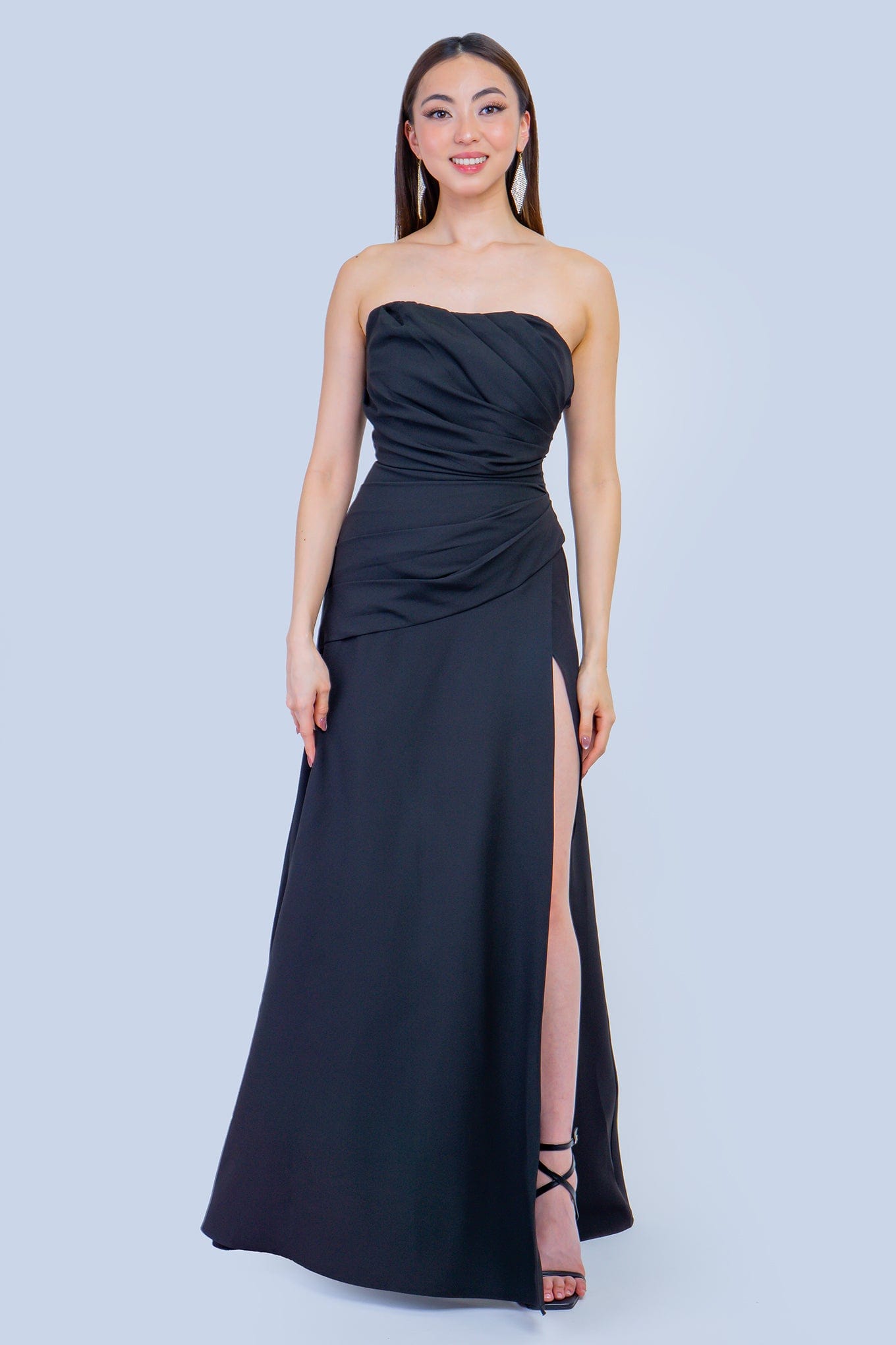 DCD GOWNS Black Strapless Classic Side Drape Gown
