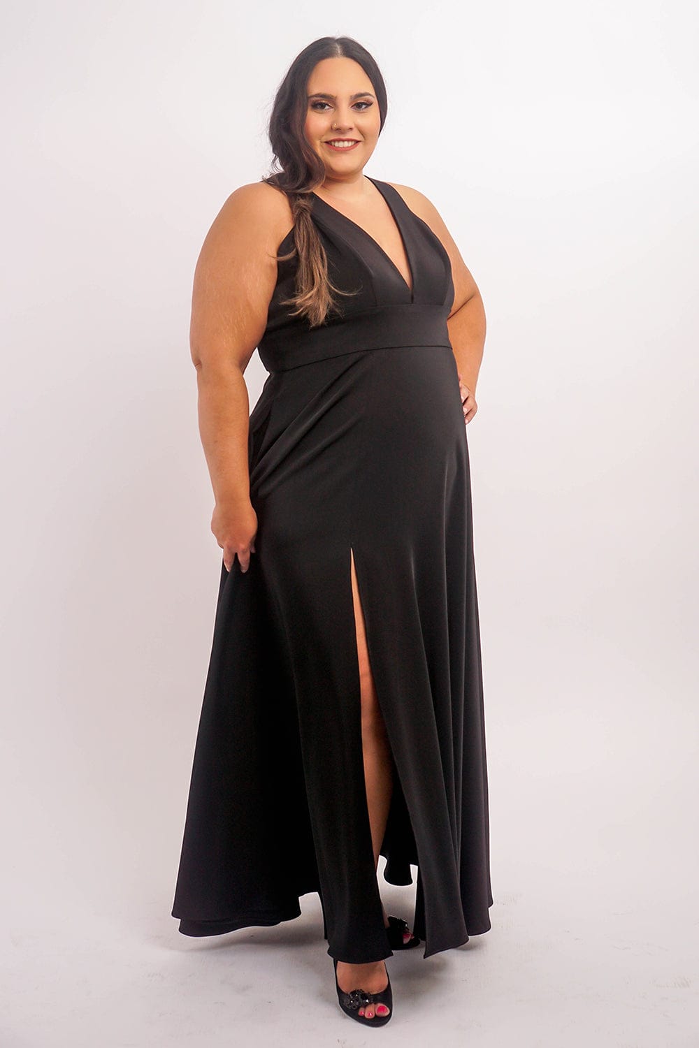 DCD GOWNS Black V Neck Front Slit Soraya Gown