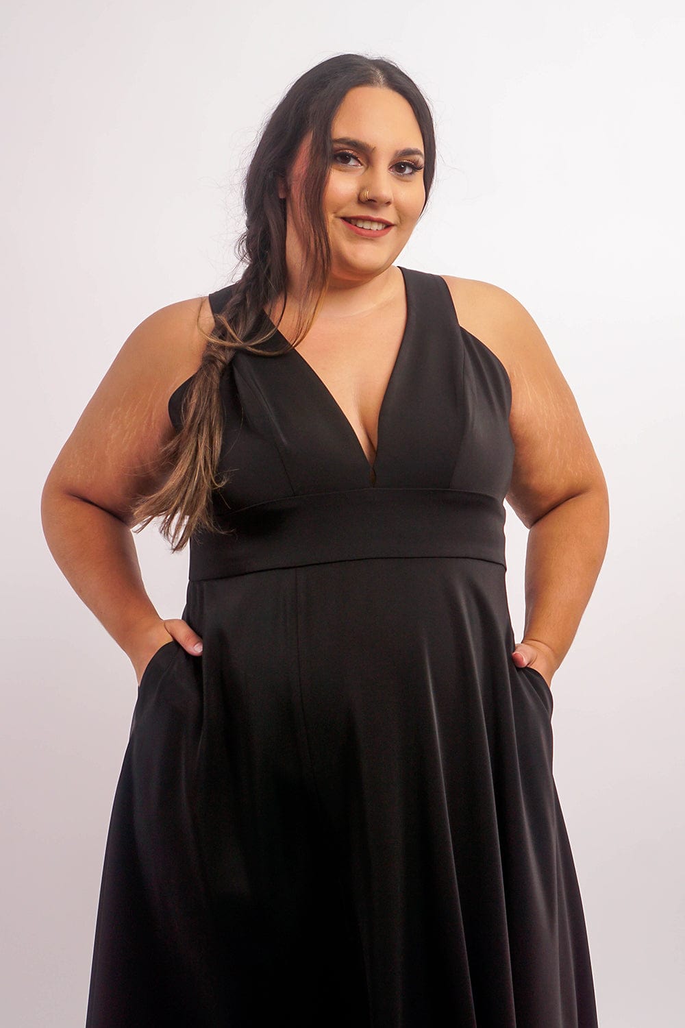 DCD GOWNS Black V Neck Front Slit Soraya Gown