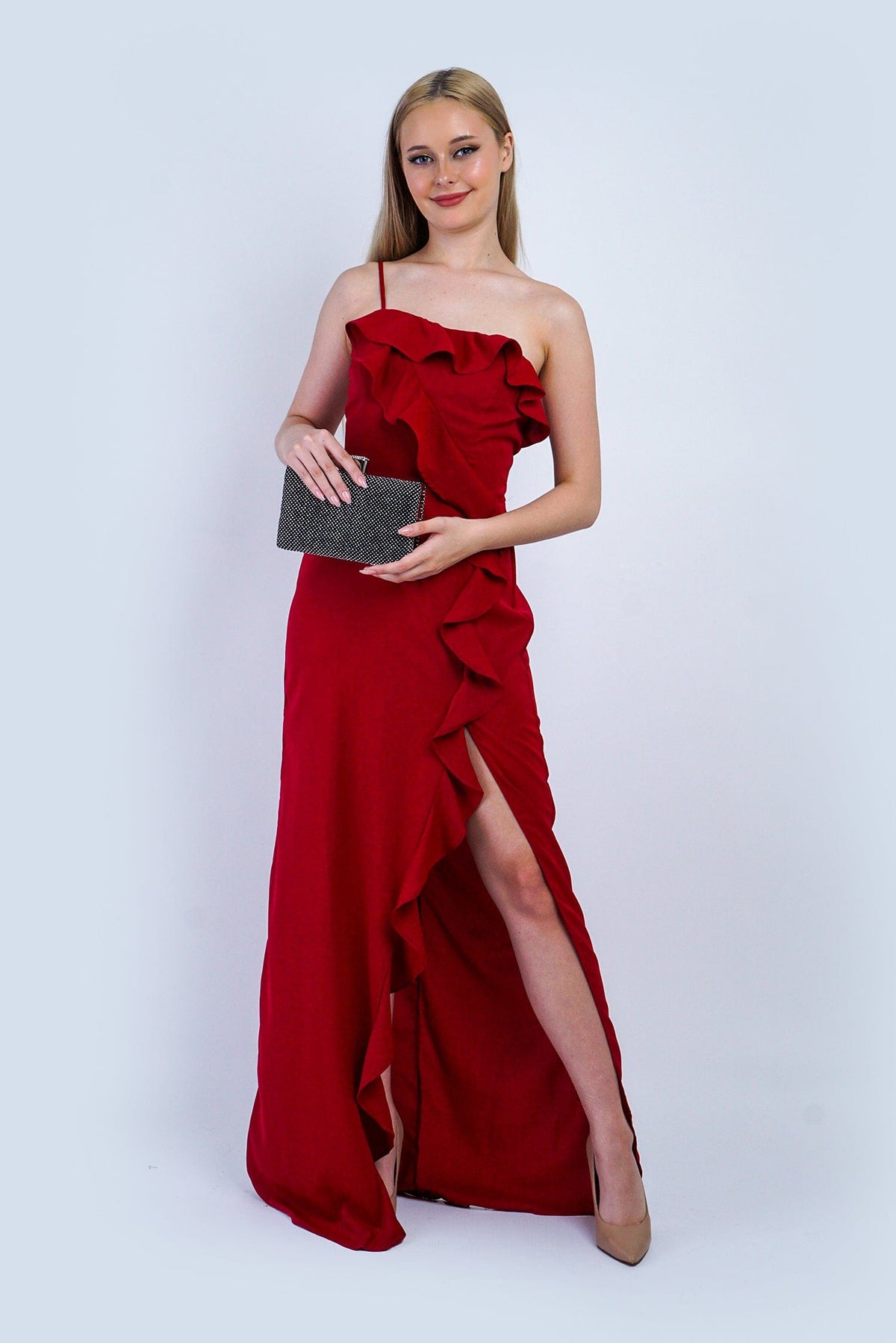DCD GOWNS Deep Red One Shoulder Delicate Ruffle Gown