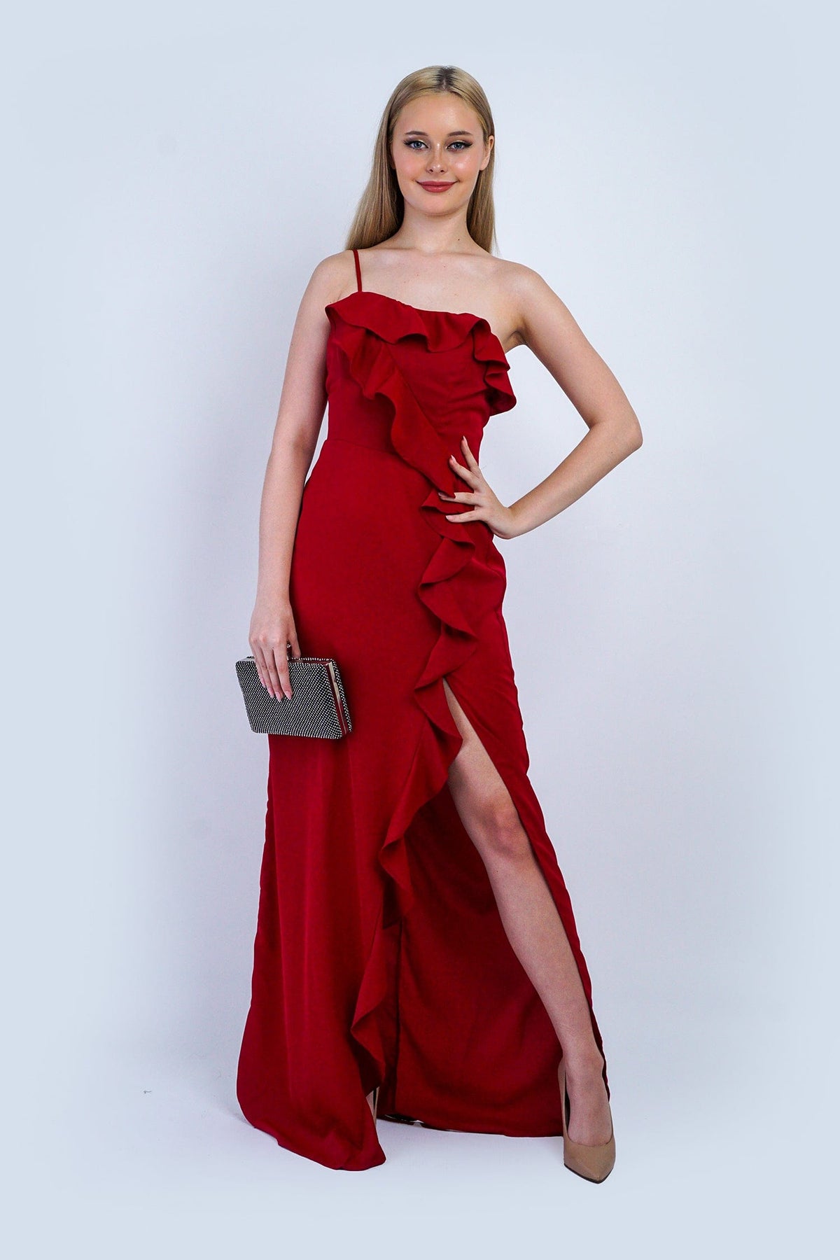 DCD GOWNS Deep Red One Shoulder Delicate Ruffle Gown