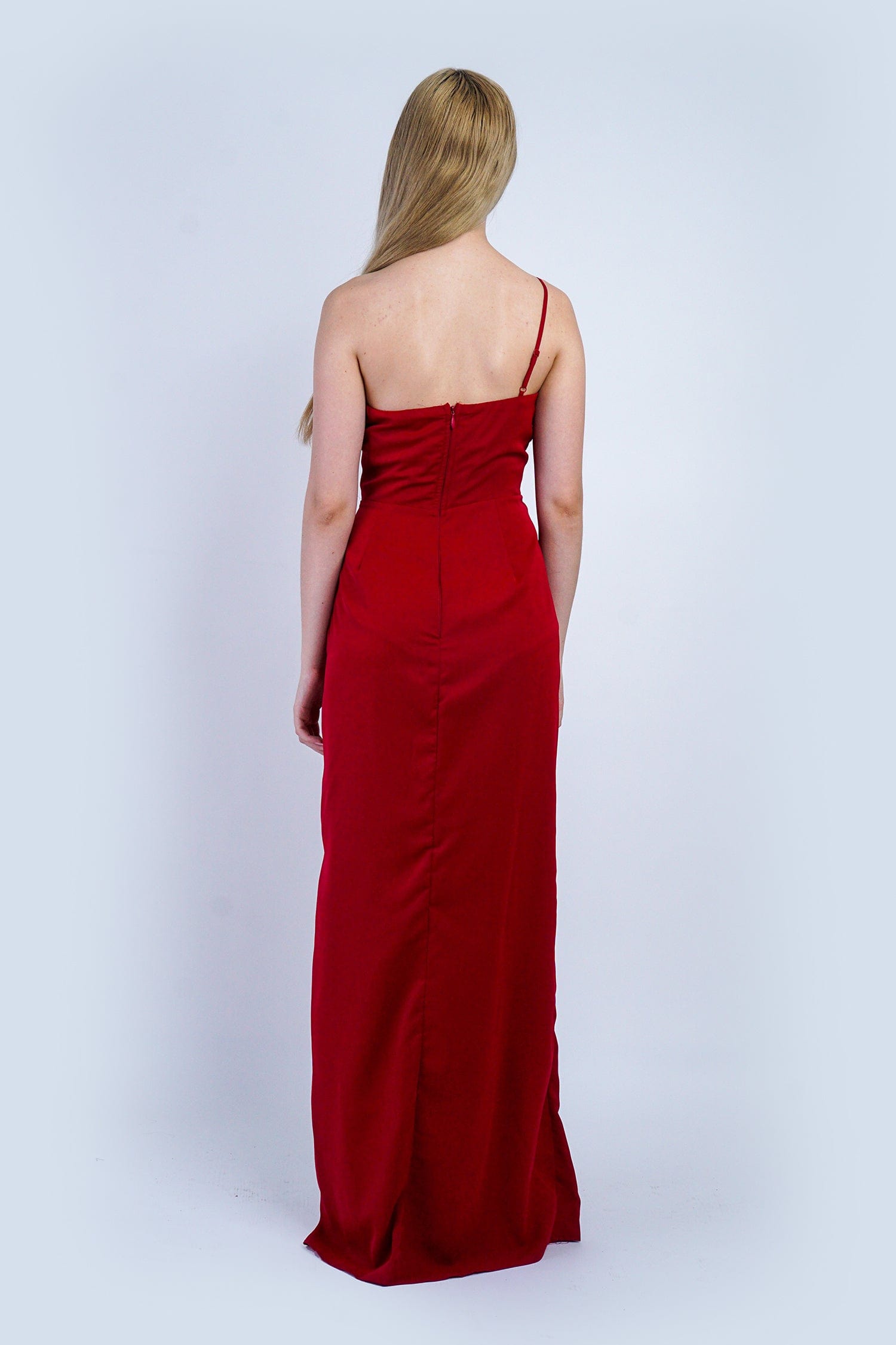 DCD GOWNS Deep Red One Shoulder Delicate Ruffle Gown