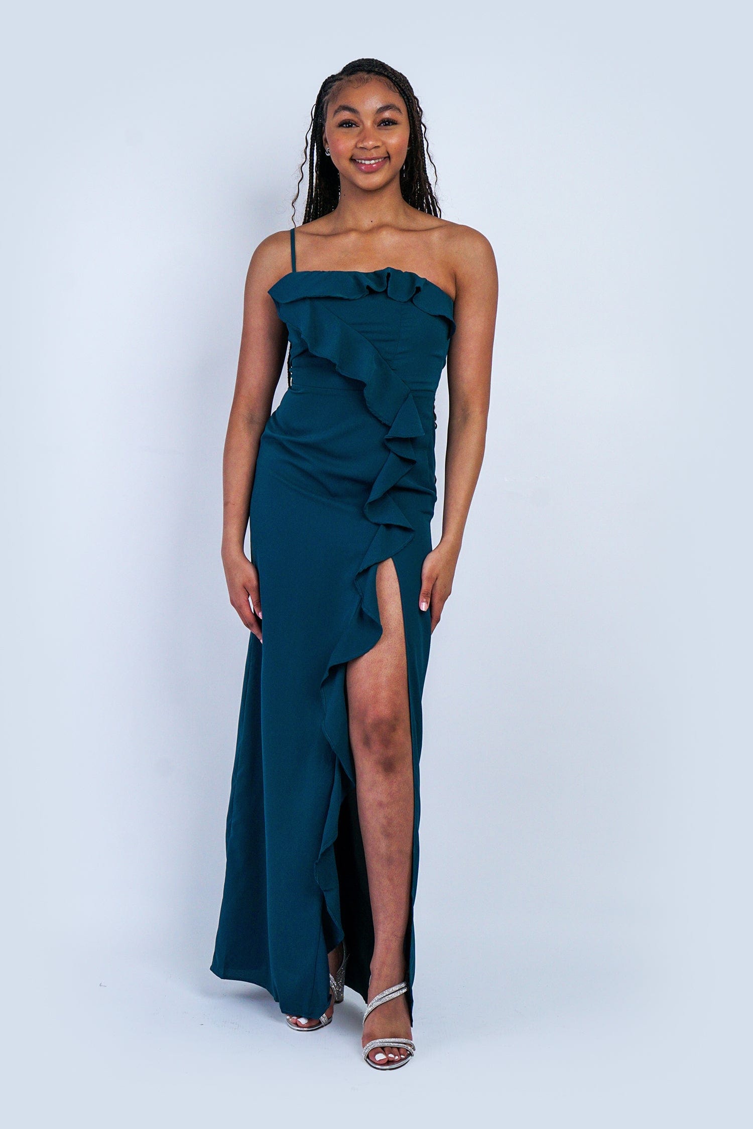 DCD GOWNS Deep Teal One Shoulder Delicate Ruffle Gown