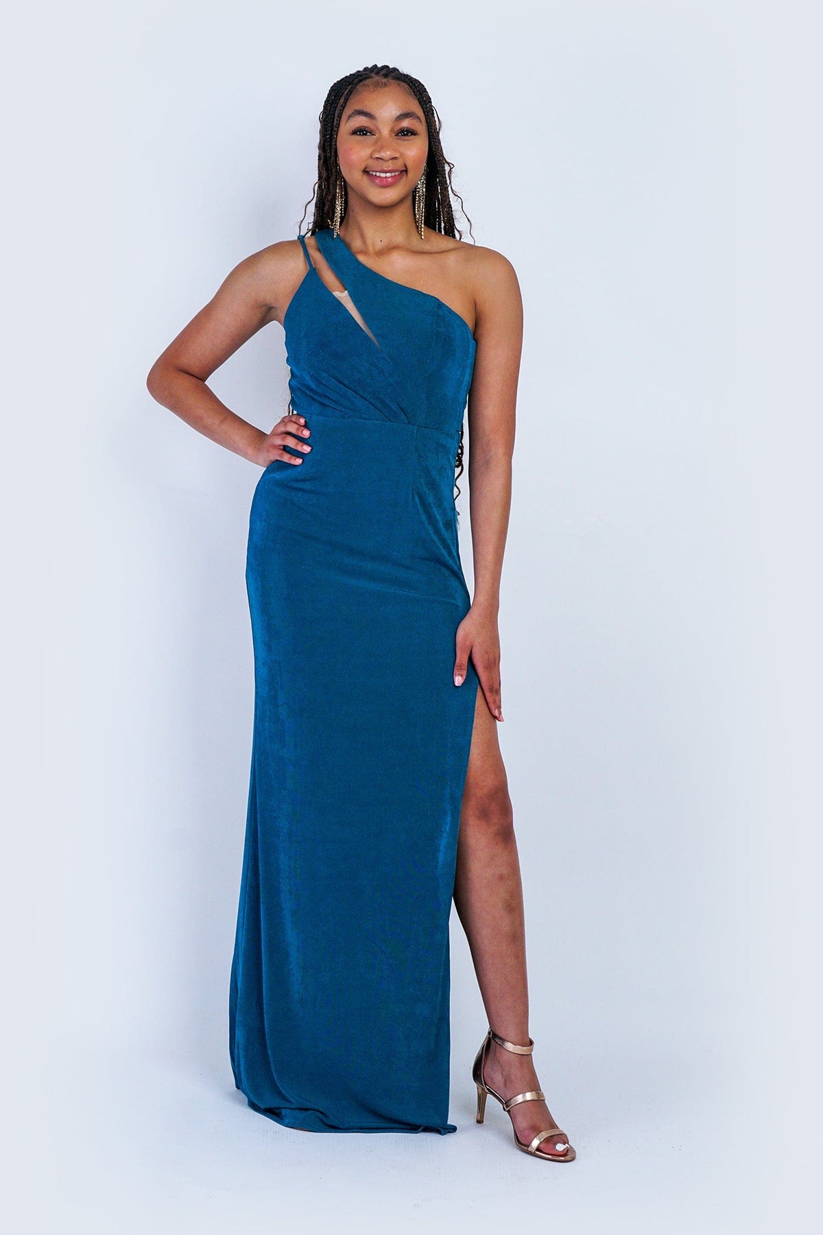 DCD GOWNS Deep Teal One Shoulder Fitted Knit Gown