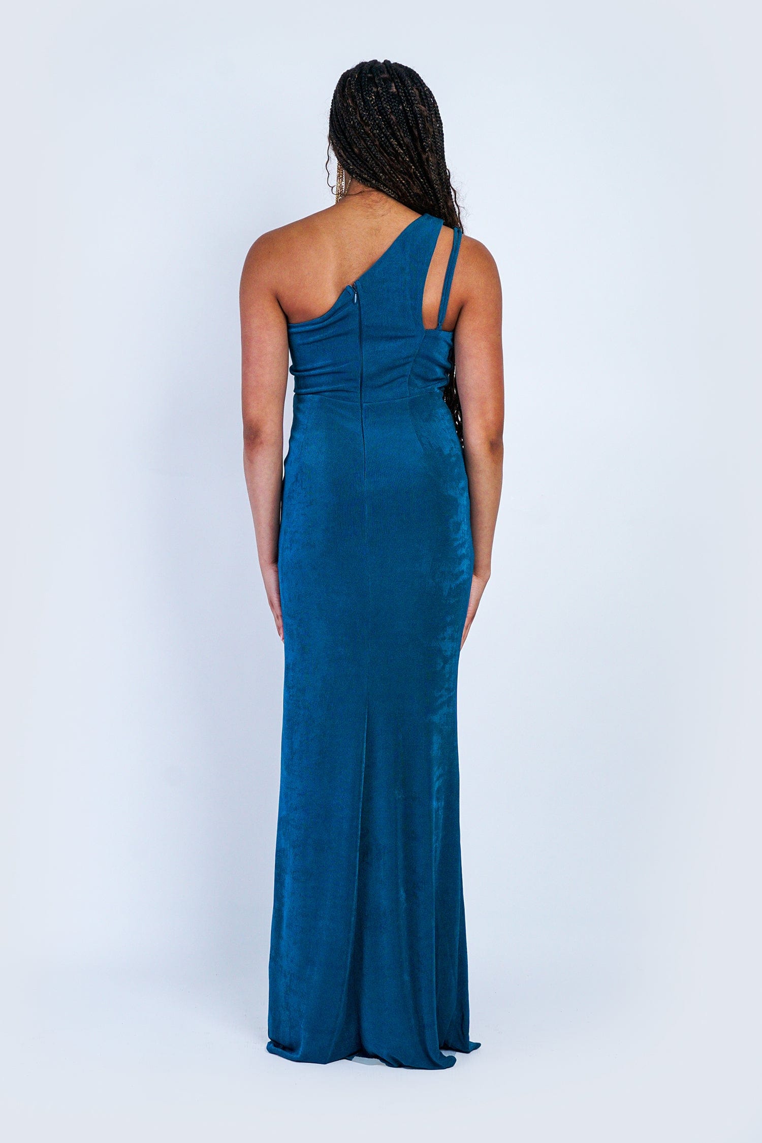 DCD GOWNS Deep Teal One Shoulder Fitted Knit Gown