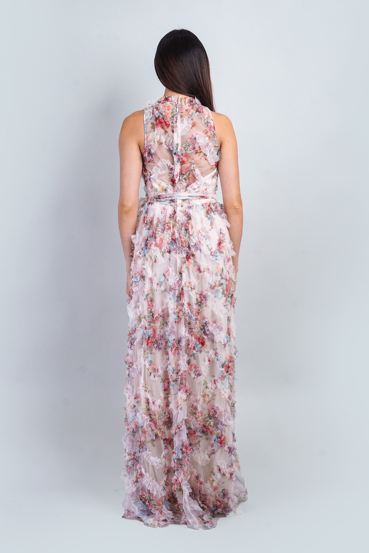 DCD GOWNS Floral Ruffle Trim Halter Gown