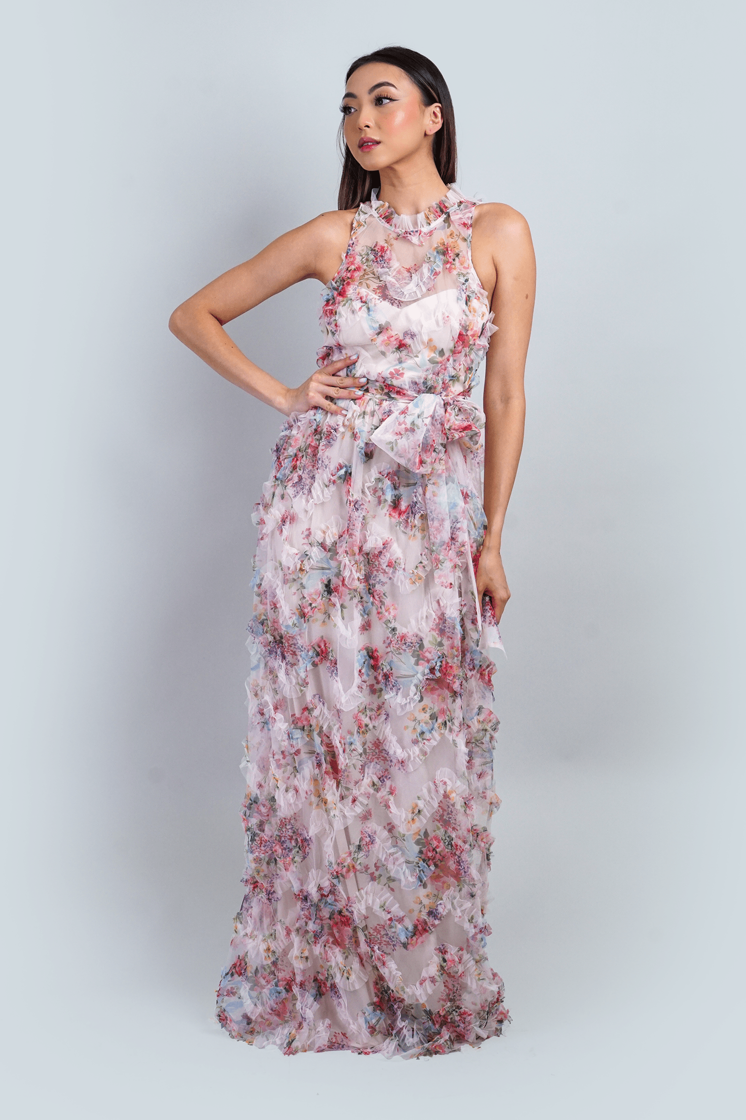 DCD GOWNS Floral Ruffle Trim Halter Gown