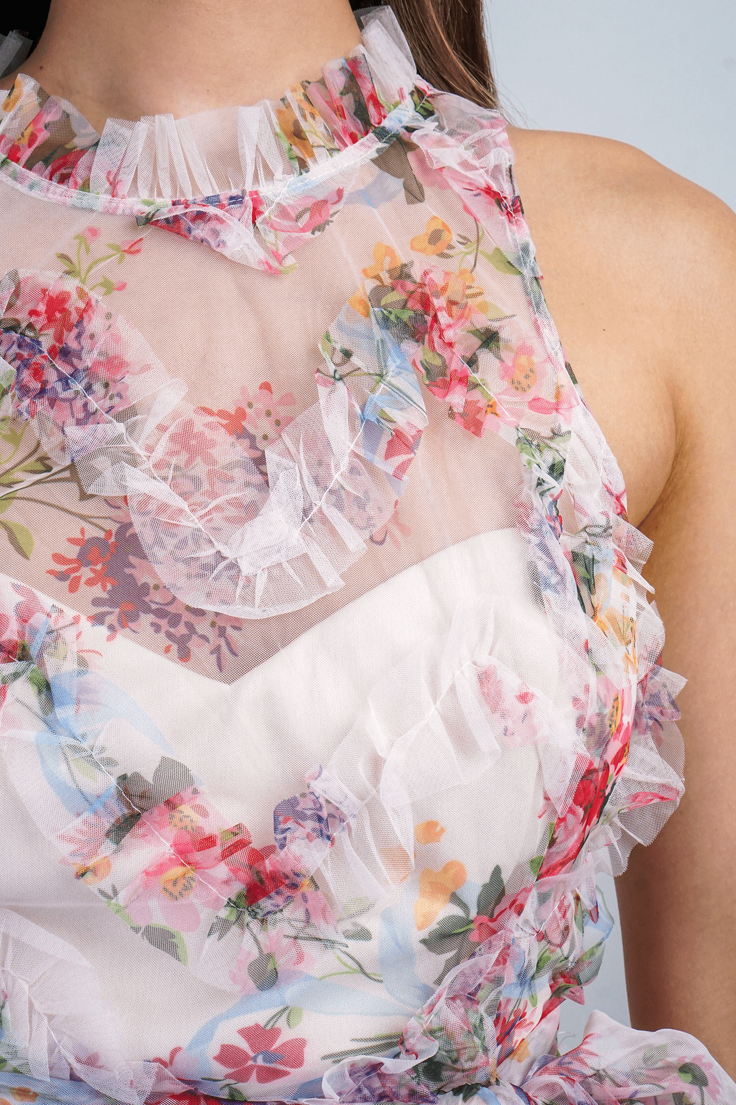 DCD GOWNS Floral Ruffle Trim Halter Gown
