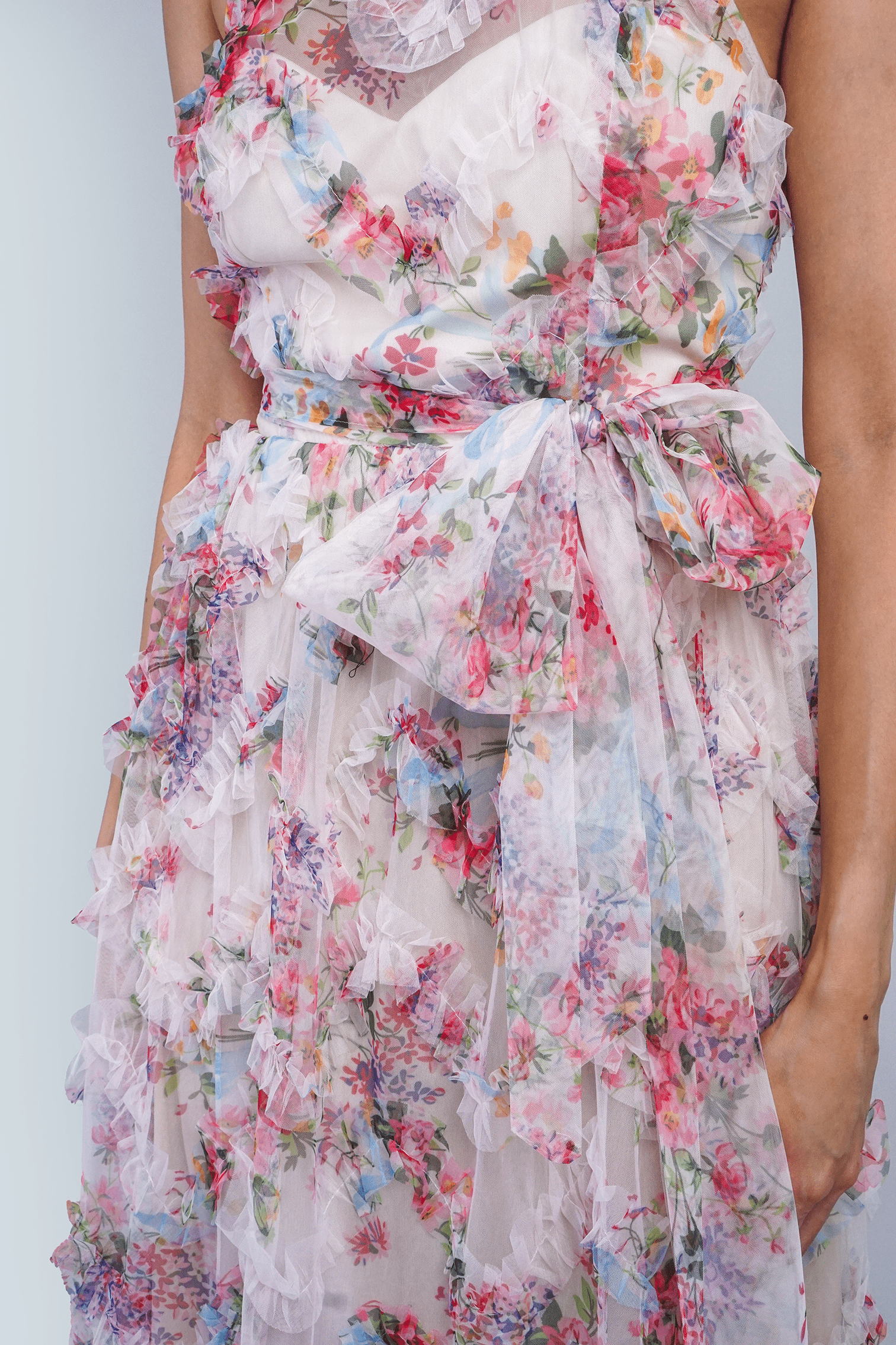 DCD GOWNS Floral Ruffle Trim Halter Gown